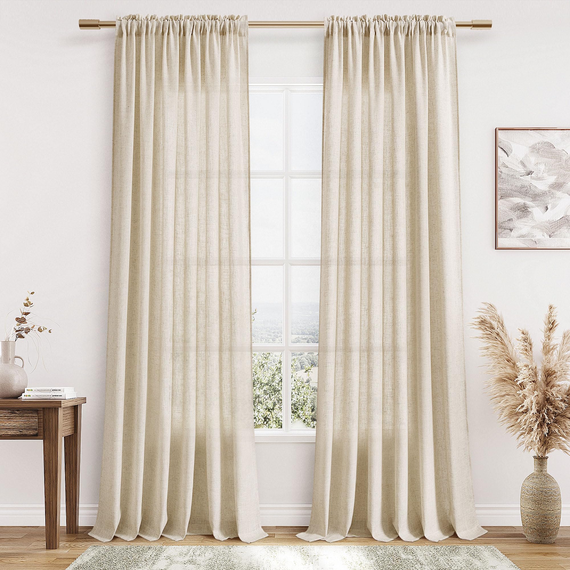 Guken Cortinas de lino de 84 pulgadas de largo para sala de estar o dormitorio, juego de 2 paneles semitransparentes con bolsillo para cortinero, cortinas de ventana semitransparentes de 52 pulgadas