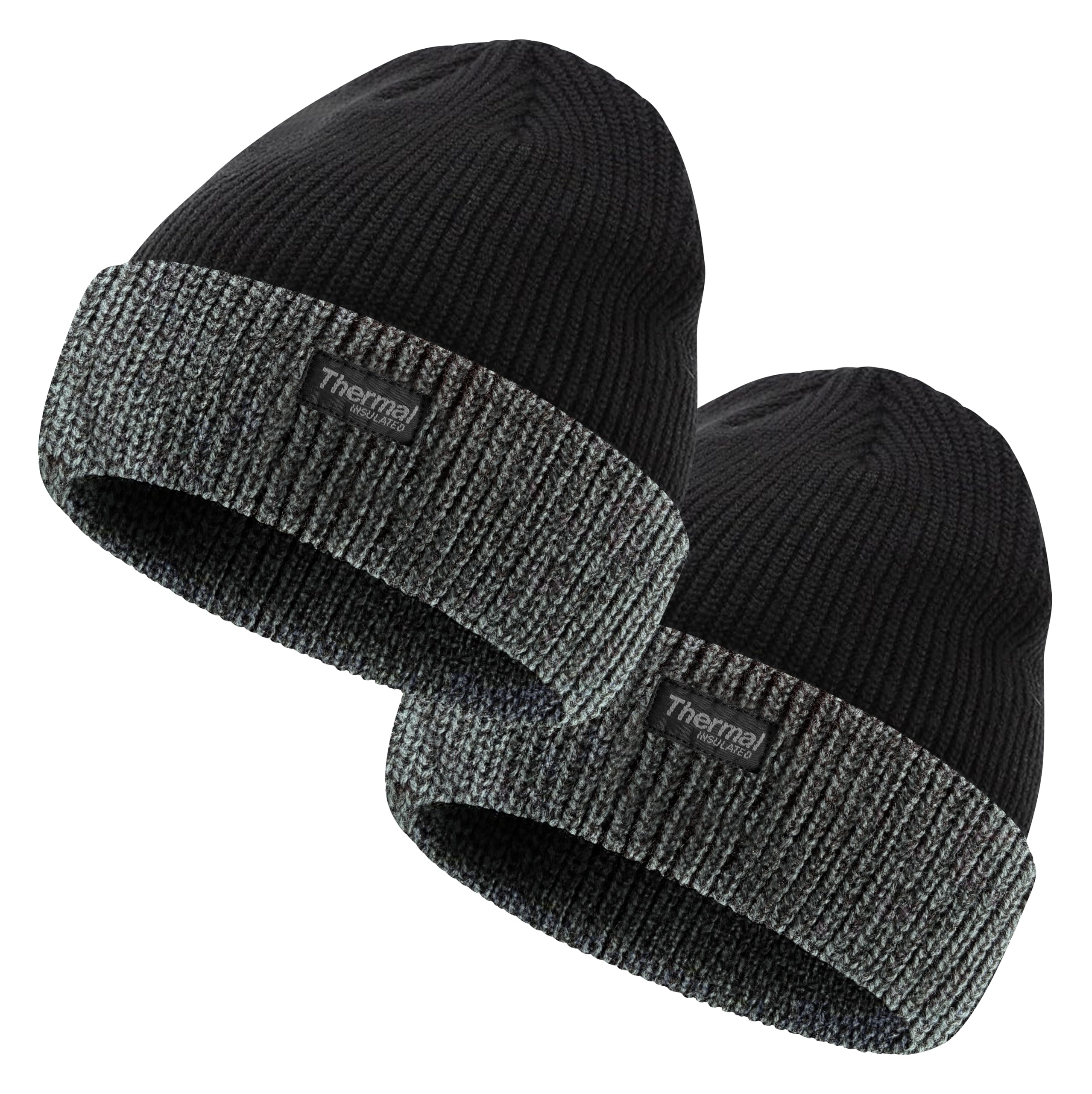 Bonjour Men's Black Black Grey Rim - 2 Pack Classic Cuffed Beanie Hats - Thermal Winter Warm Insulated Beanie Hats For Wo Classic Slouch Knit Soft Hat Stretchy Beanies