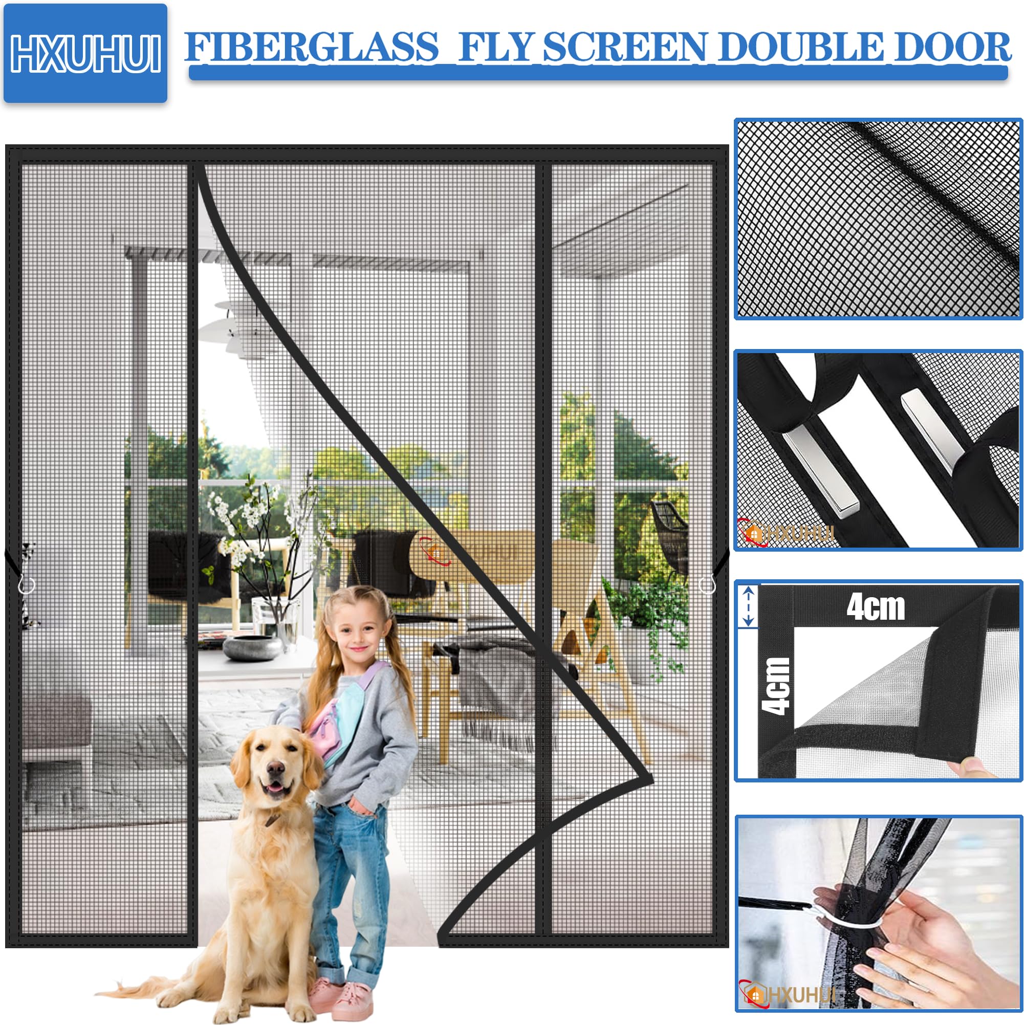Mosquitera Puertas Abatibles Dobles 170x285cm Sin taladrar, sin herramientas, instalación en minutos para puertas dobles para cerramientos de cristal y porches de verano Negro