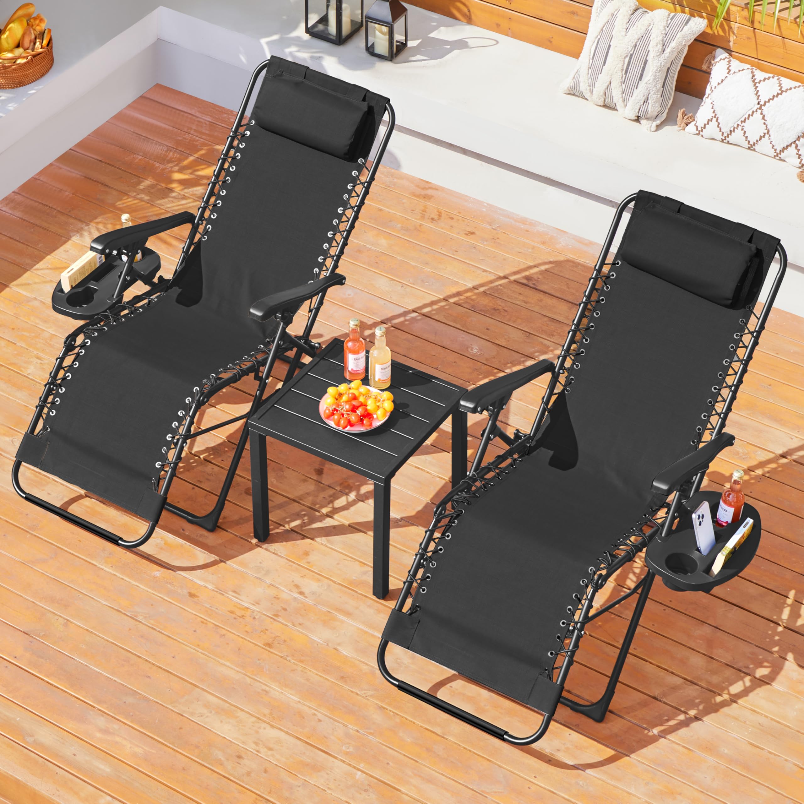 Yaheetech 2er Set Sonnenliege Liegestuhl Gartenliege Klappbar & Tragbar | mit Kopfkissen & Becherhalter für Strand/Garten/Balkon, Schwarz