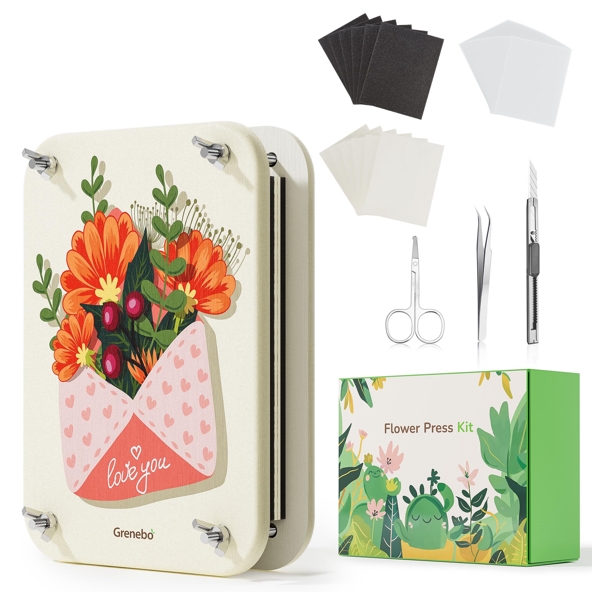 Grenebo Flower Press Kit, Eco-Friendly Diatomee Mud Press for Improved Drying & Odour Absorption, Large 10.69 x 7.54 inches, Craft Enthusiasts and Gardeners