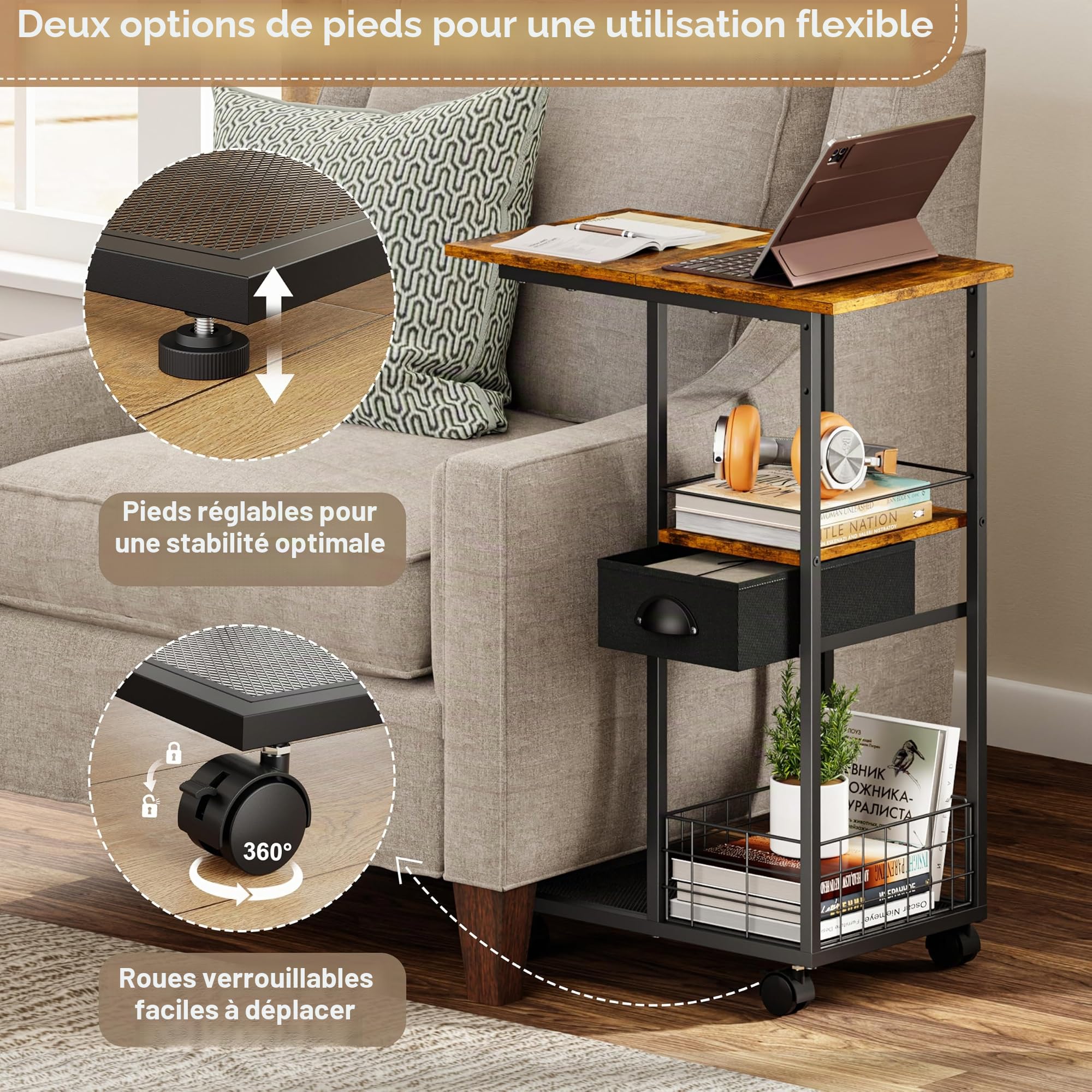 Sonyabecca Table d'appoint en C avec roulettes, Table de Chevet avec tiroir pour lit ou canapé, Table Basse avec Structure en métal, Table pour Salon, Chambre ou Bureau à Domicile