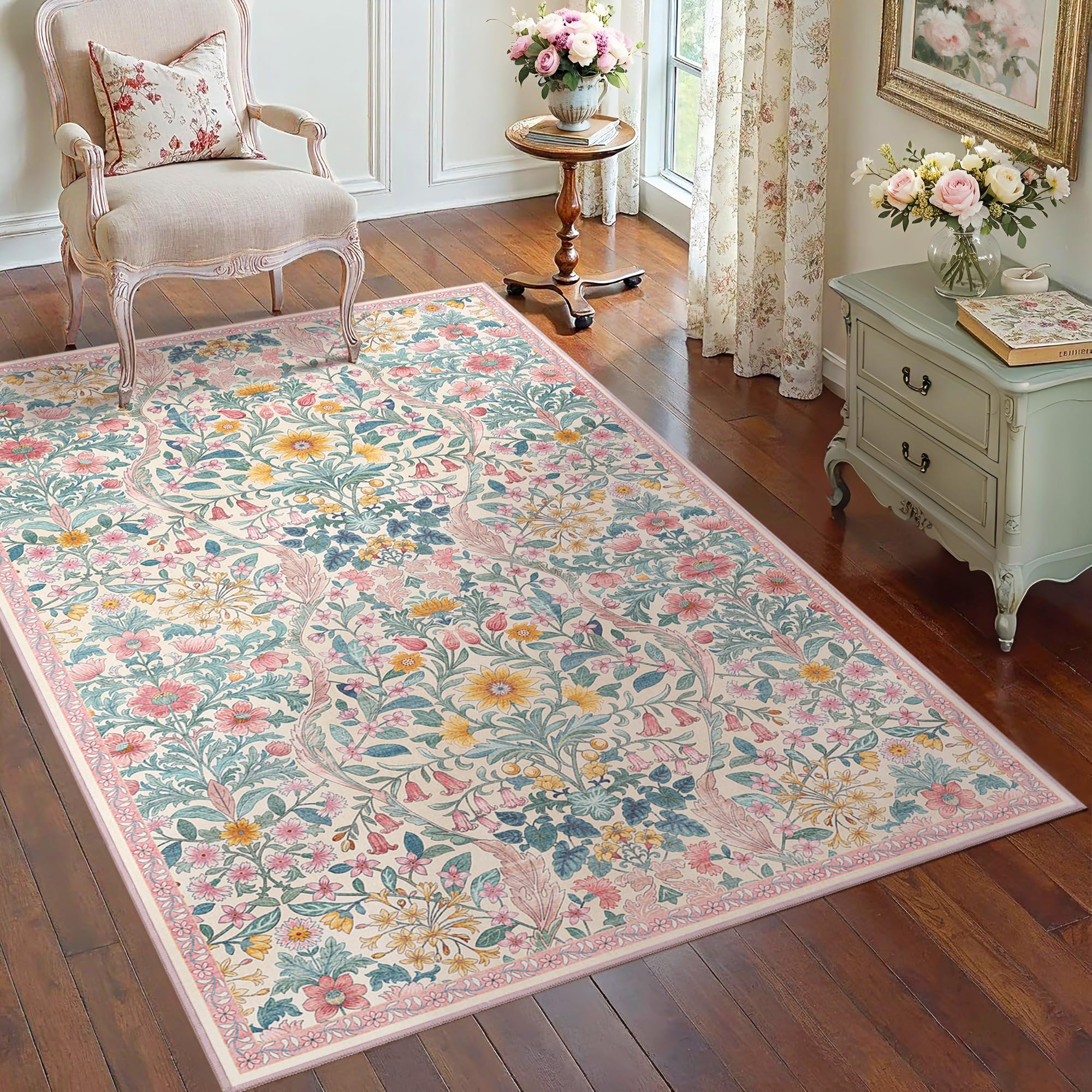 4x6 Floral Area Rug Soft Low Pile Boho Carpet for Living Room
