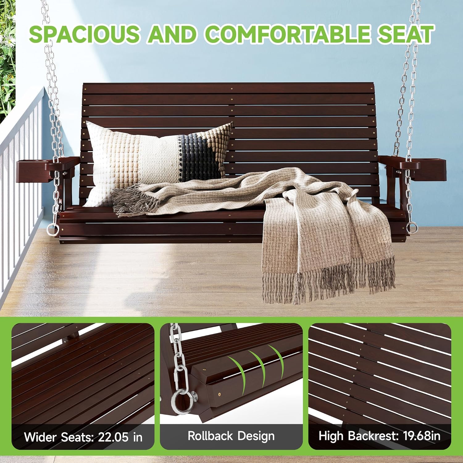 Real Relax Front Porch Swing, Wooden 2-Seater Outdoor Hanging Patio Swing Chair with Cup Holders, Upgraded 22" Deep Seat Bench, Heavy Duty 880 Lbs for Courtyard, Garden, Backyard 4 Ft (Brown)