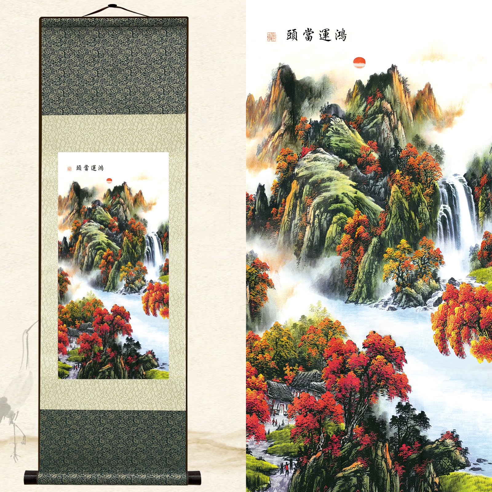 Newscz Asian Wall Art for Hallway and Stairs - Silk Scroll Landscape Paintings - Aesthetic Wall Decor - Bedroom Tapestries - Wall Paintings for Living Room - Home Kitchen Decor - 36 x 12 in