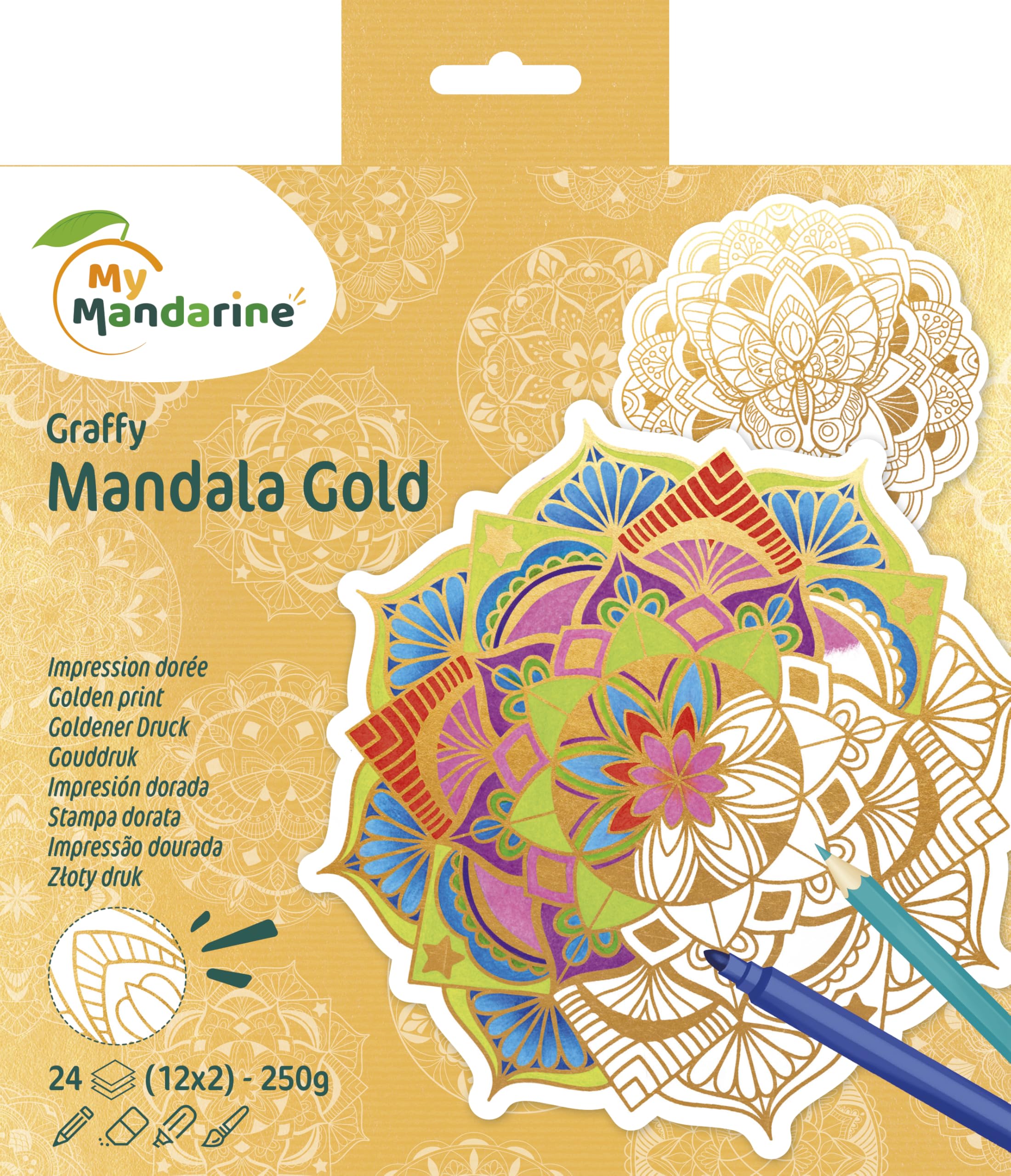 MY MANDARINE GY172C - A Graffy Mandala Gold Colouring Book 24 Pages - Pre-Cut Mandalas - Gold Printing - from Age 6 - Gold Theme - Creative Set for Children