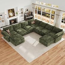 DreamDashio Oversized Sectional Sofa, Extra Wide Deep Seat Detachable Modular Cloud Couch, Certified Corduroy Fabric with Storage & Adjustable Arms, for Home Cinema, 159 9-Seat U-Shaped, Green