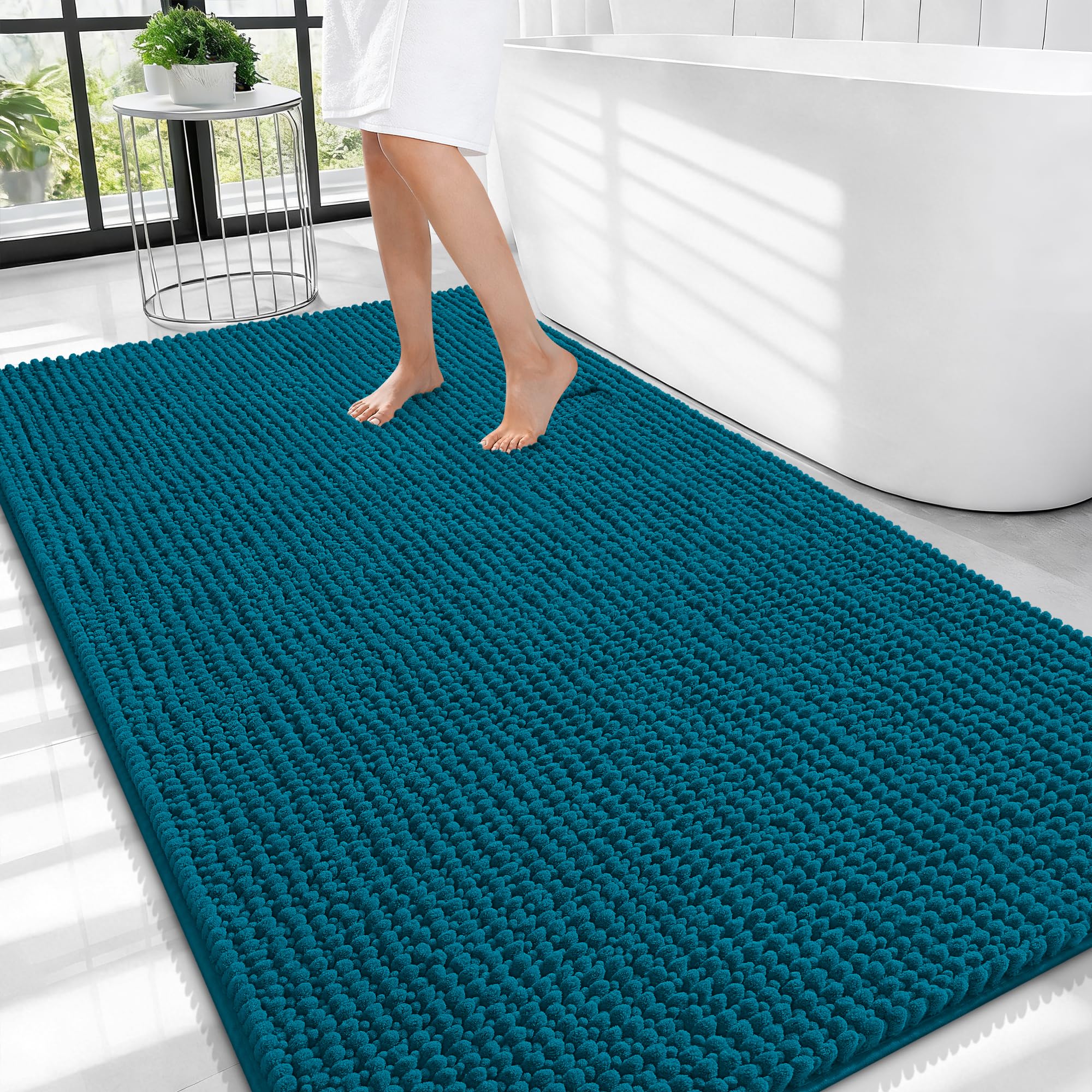 OLANLY Thick Chenille Large Bathroom Rugs Mats 44x32, Peacock Blue