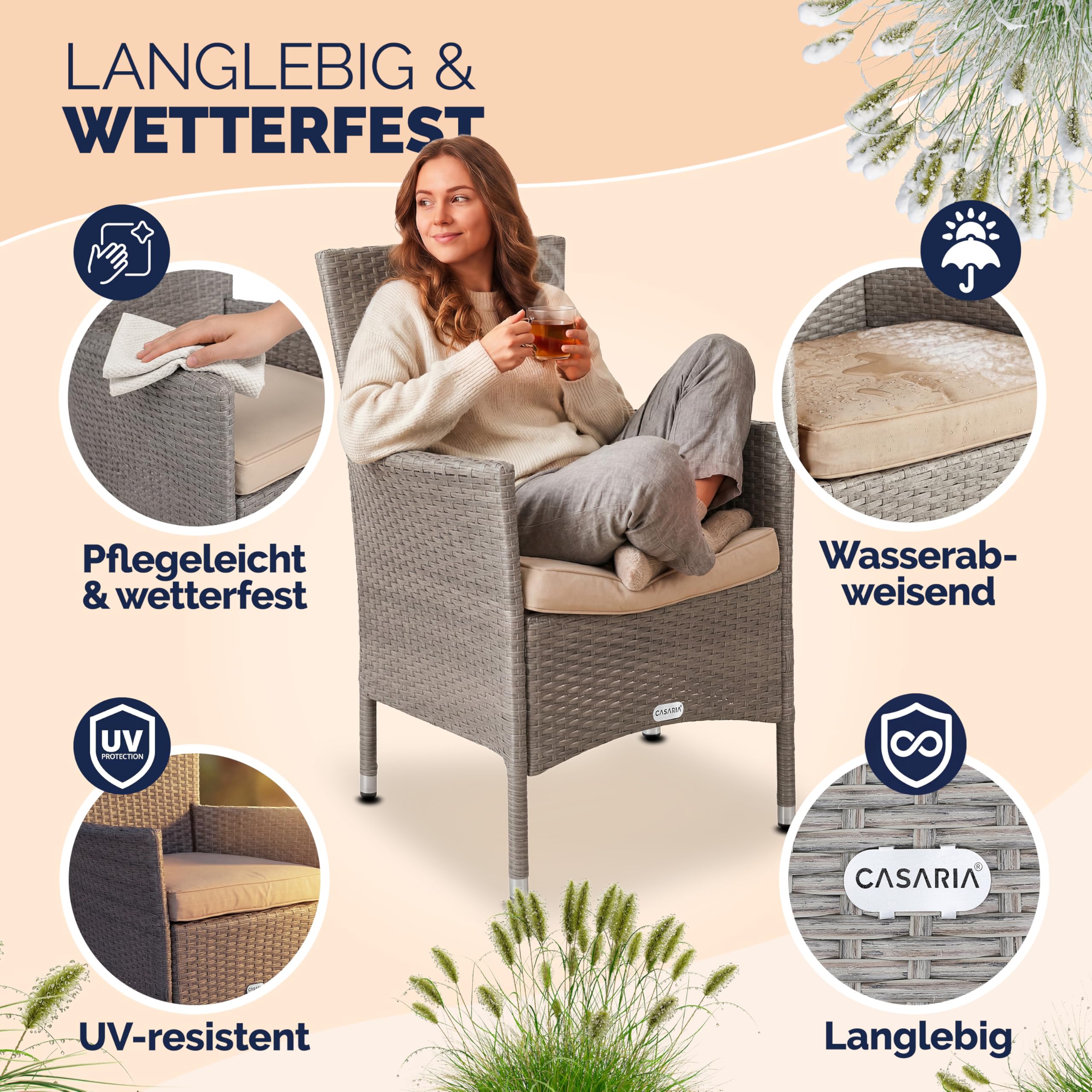 Casaria® 2er Set Poly Rattan Gartenstuhl mit Auflage Stapelbar Wetterfest 160 kg Belastbar Stapelstuhl Garten - Beige Grau