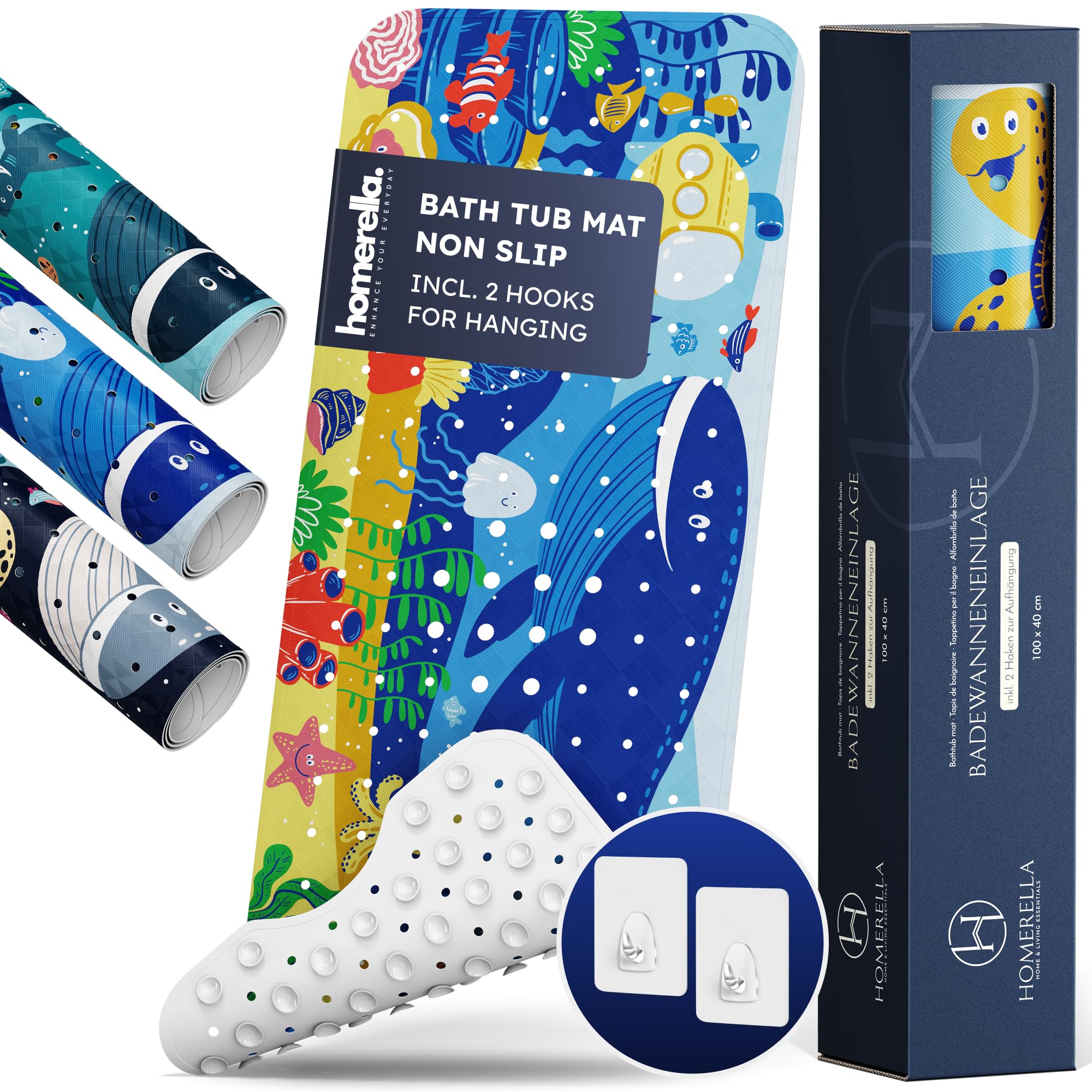 homerella® Bath Mat for Tub Non Slip Mildew Resistant 40x16 Extra Long incl. Hooks for Drying - Machine Washable - BPA Free-with Suction Cups and Drain holes for Bathtub- Shower Mat Non Slip Anti Mold