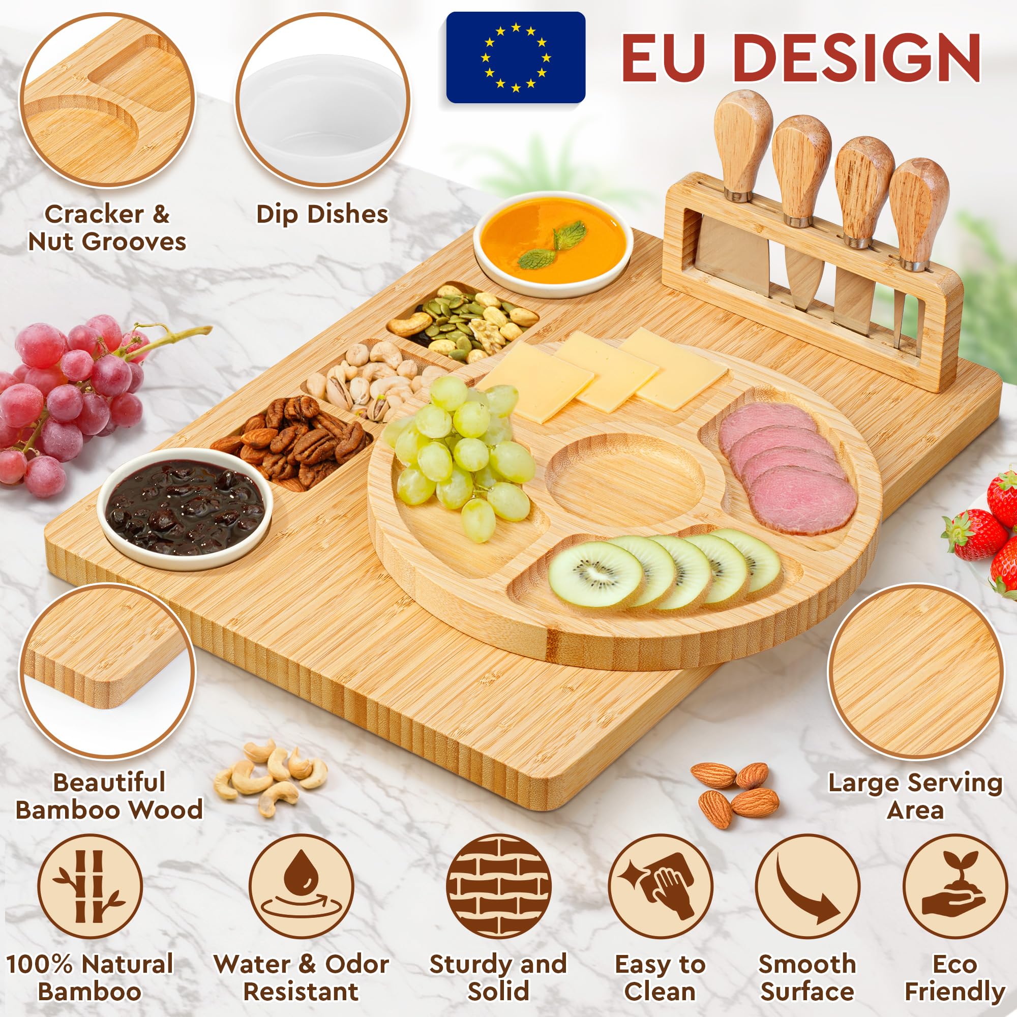 Charcuterie Boards Deluxe Gift Set - 15 Pieces, Bamboo - Large Cheese Board + Tray for Mother's Day, Birthday, Housewarming, Wedding Shower
