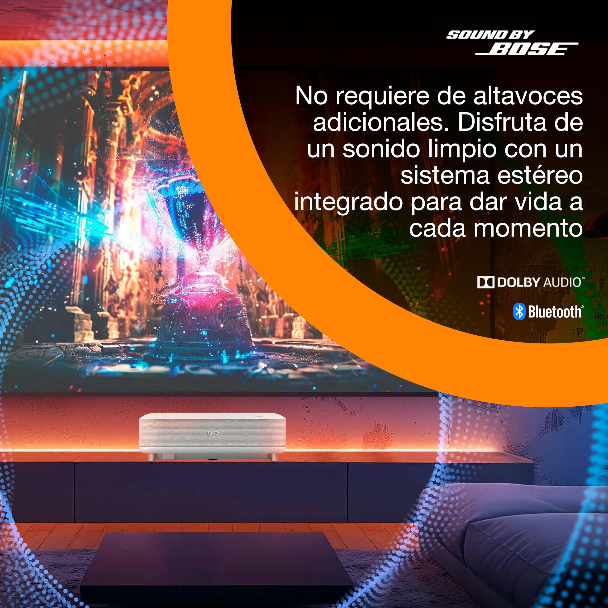 Epson Lifestudio Grand EH-LS670W | Proyector láser Smart TV de distancia ultracorta | 4K Pro‑UHD | 3600 lúmenes | Imágenes con IA | Sound by Bose | Google TV | Hasta 120″ | Garantía de 5 años | Blanco