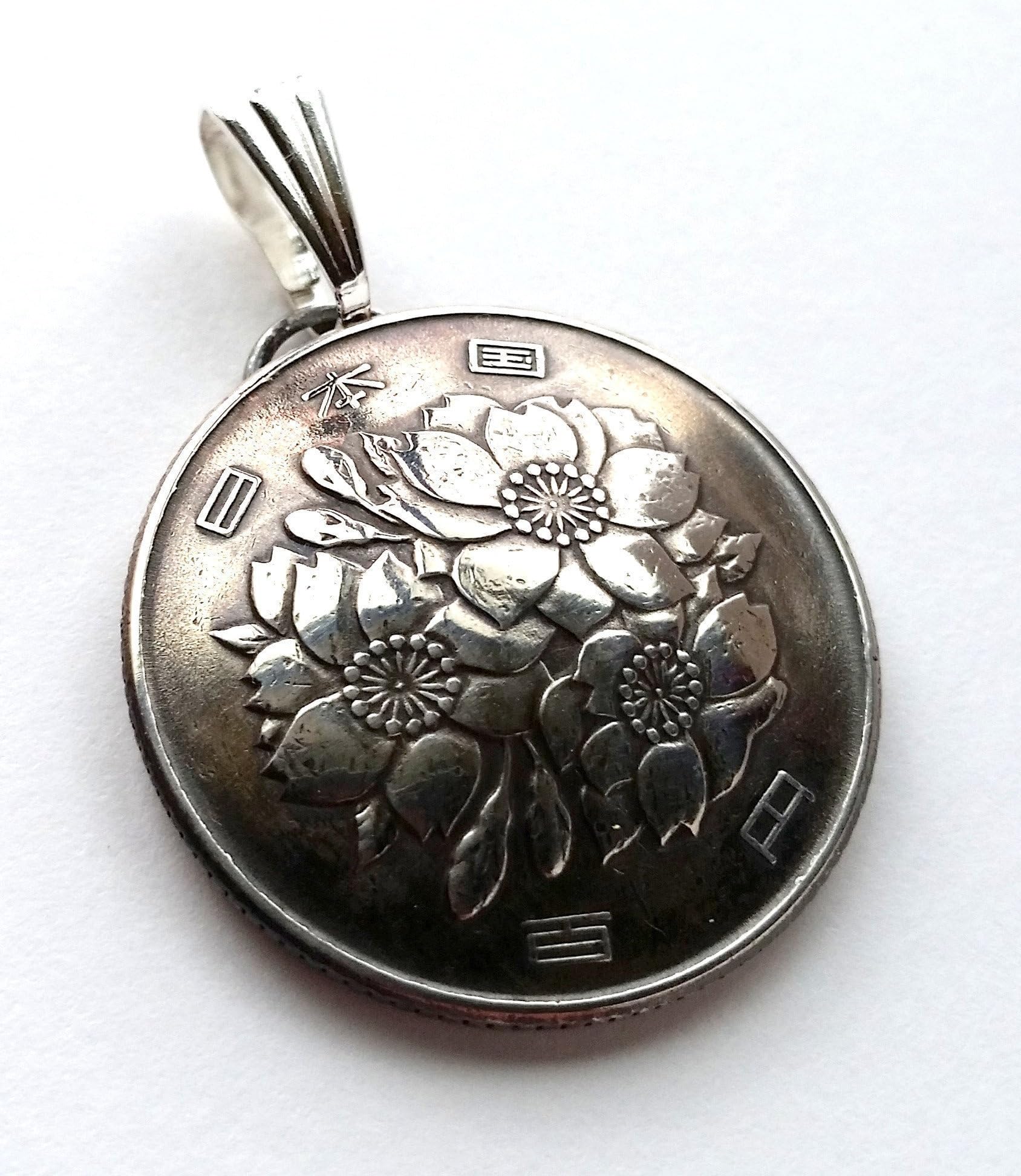 Japan Cherry Blossom Flower Coin Pendant , Vintage Necklace , Unique Charm , Japanese Jewelry, Gift for Her