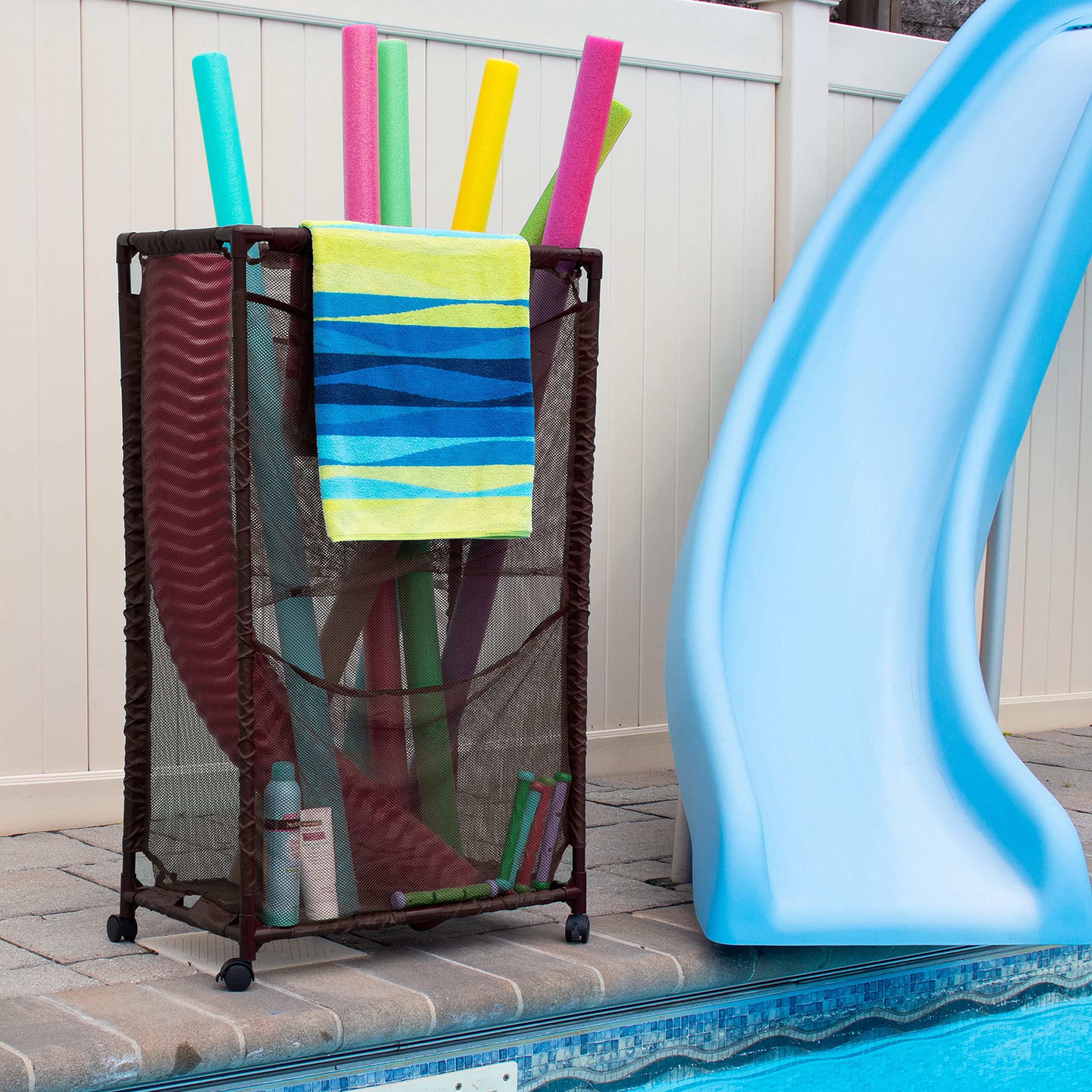 Pool Bins Slim Rolling Pool Noodle Storage Organizer Bin, Space Saver, (14.4