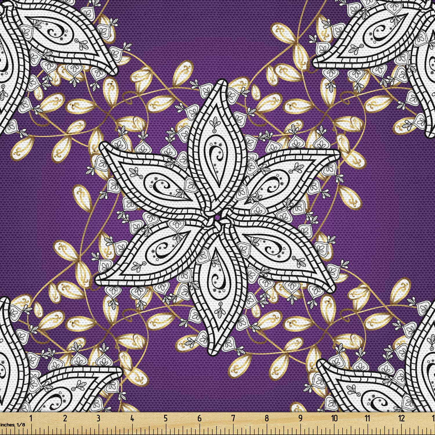 Ambesonne Mauve Fabric by the Yard, Vintage Oriental Display Moroccan Illustration Floral Petals with Details, Decorative Fabric for Upholstery and Home Accents, 1 Yard, Earth Yellow Purple