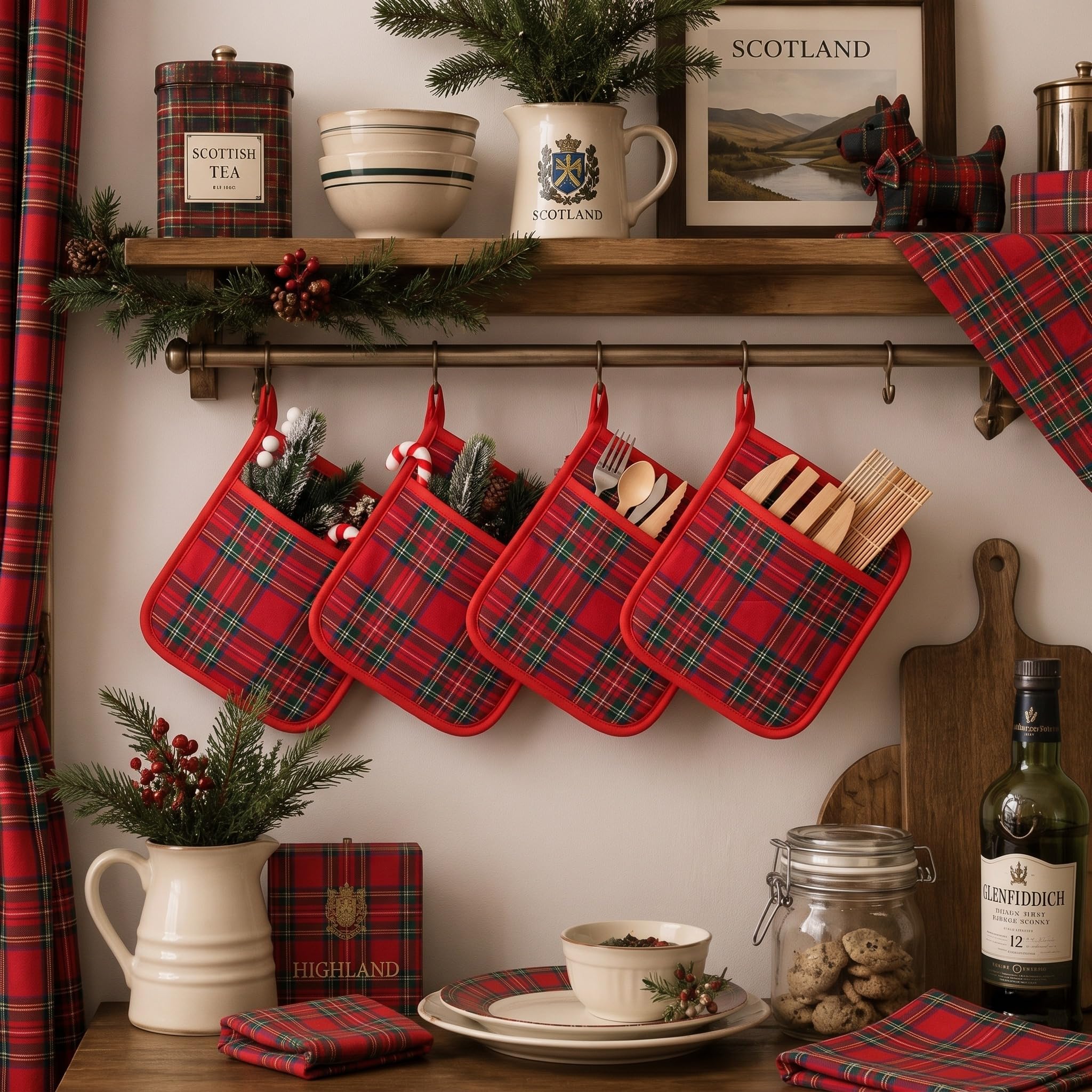 WILLBOND Lot de 12 maniques de Noël avec poche pour cuisine - Résistants à la chaleur - Pour la cuisson (rouge, vichy rouge)