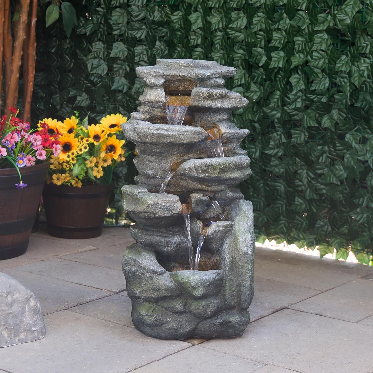 Alpine Corporation 24" H Outdoor Waterfall Floor Fountain with White LED Lights, Gray