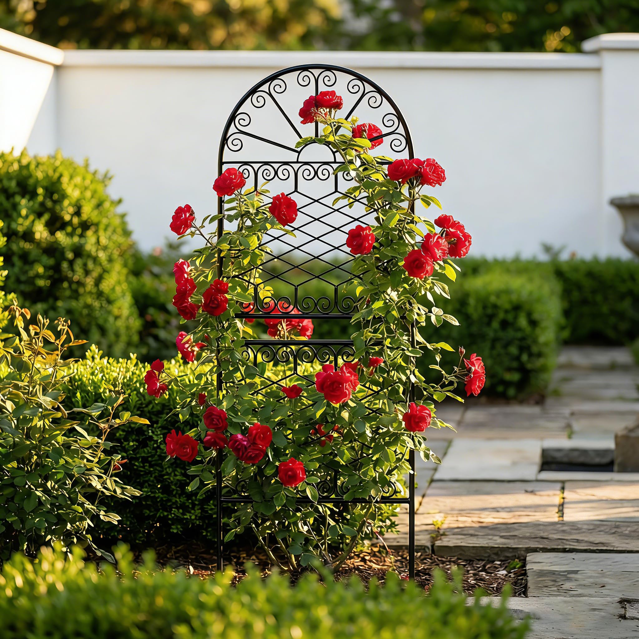 Metall Rankhilfe 150x56 cm, dekoratives Eisen Rankgitter mit Sonnendesign & Rautenmuster, wetterfestes Rankgerüst für Kletterpflanzen, Rosen, Clematis, geeignet für Garten, Balkon