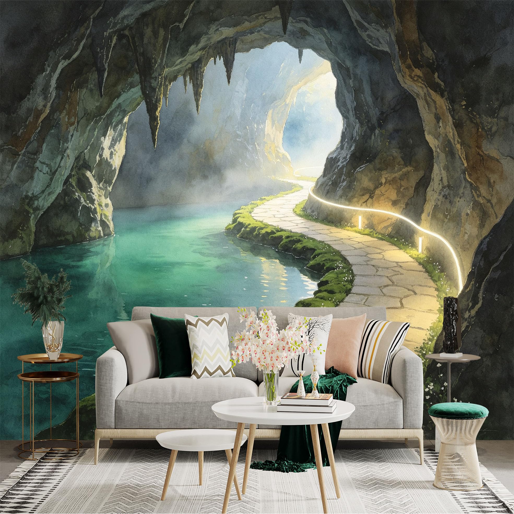 Custom Size Wall Sticker Mural， Mystical Cave with Underground River， Stone Pathway and Glowing Light， for wall Decoration， peelandstick wall Decals.