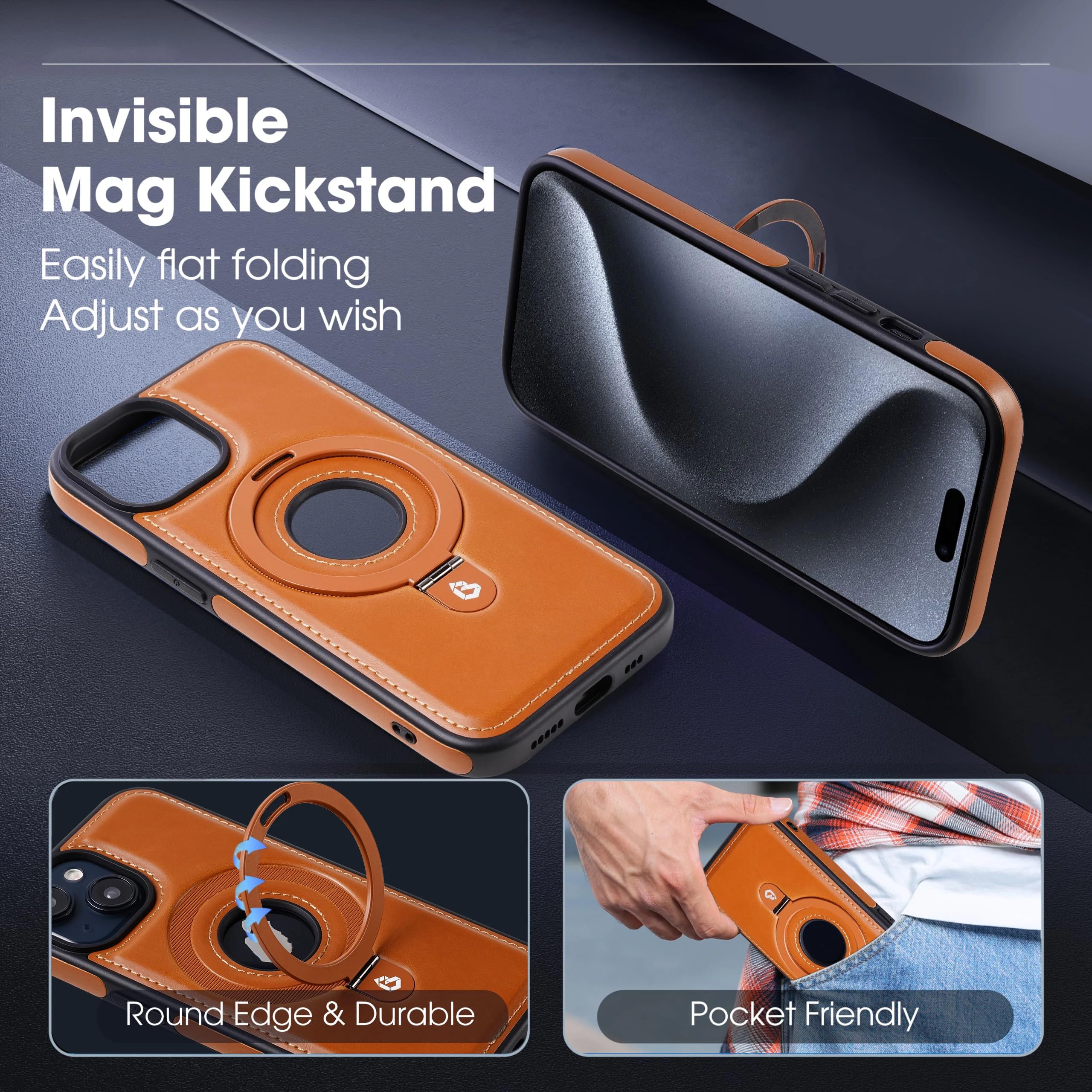 Für iPhone 15 Plus PU-Leder Magnetringständer-Telefonhülle Magnetische kabellose Ladehülle (Für iPhone 15 Plus/Schwarz)