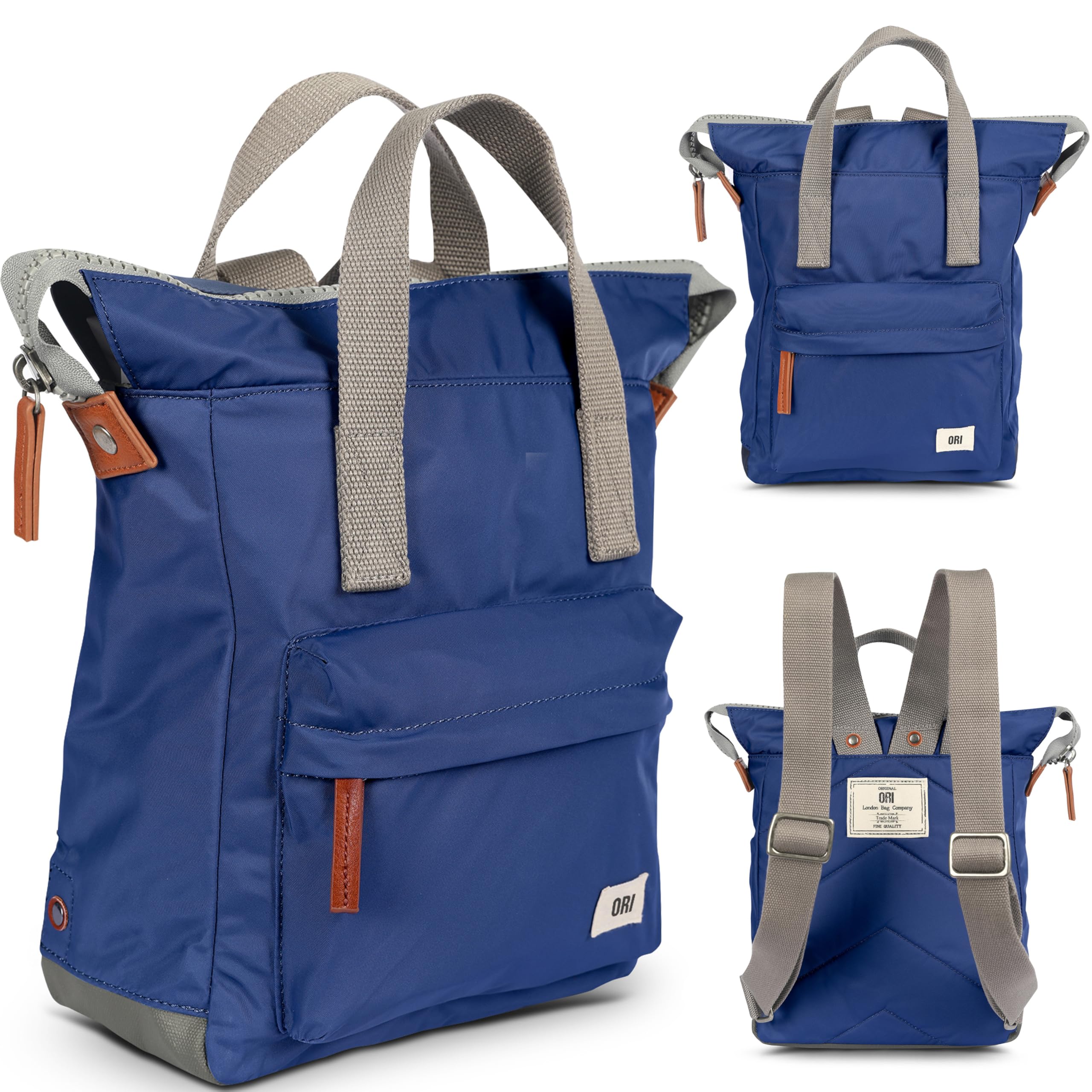 ORI LONDON Small Tote Bag Backpack - Nylon Tote Backpack for Women & Men - Wide Mouth, Chunky Zippers - The Bantry, Burnt Blue Nylon