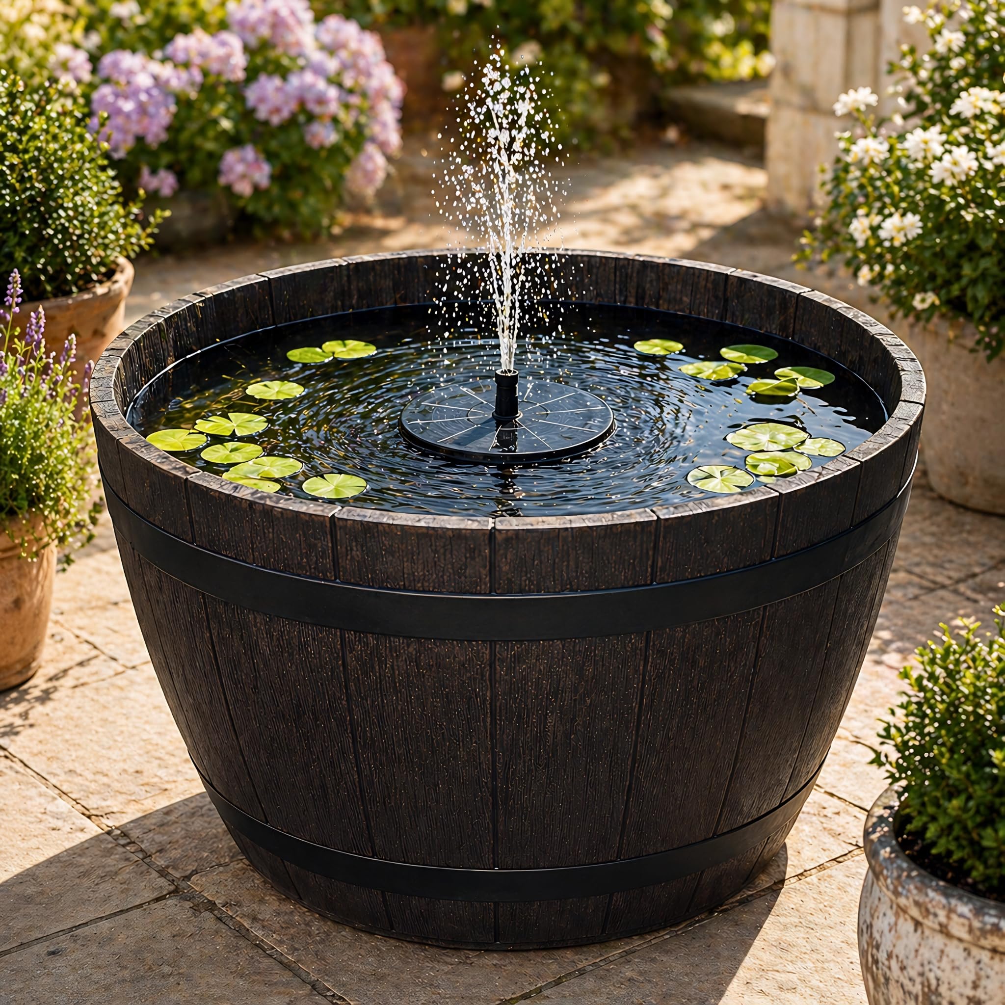 matches21 HOME & HOBBY Outdoor Solar Fountain Set with Battery - 51 cm Wooden Barrel Look Brown with Floating Solar Fountain