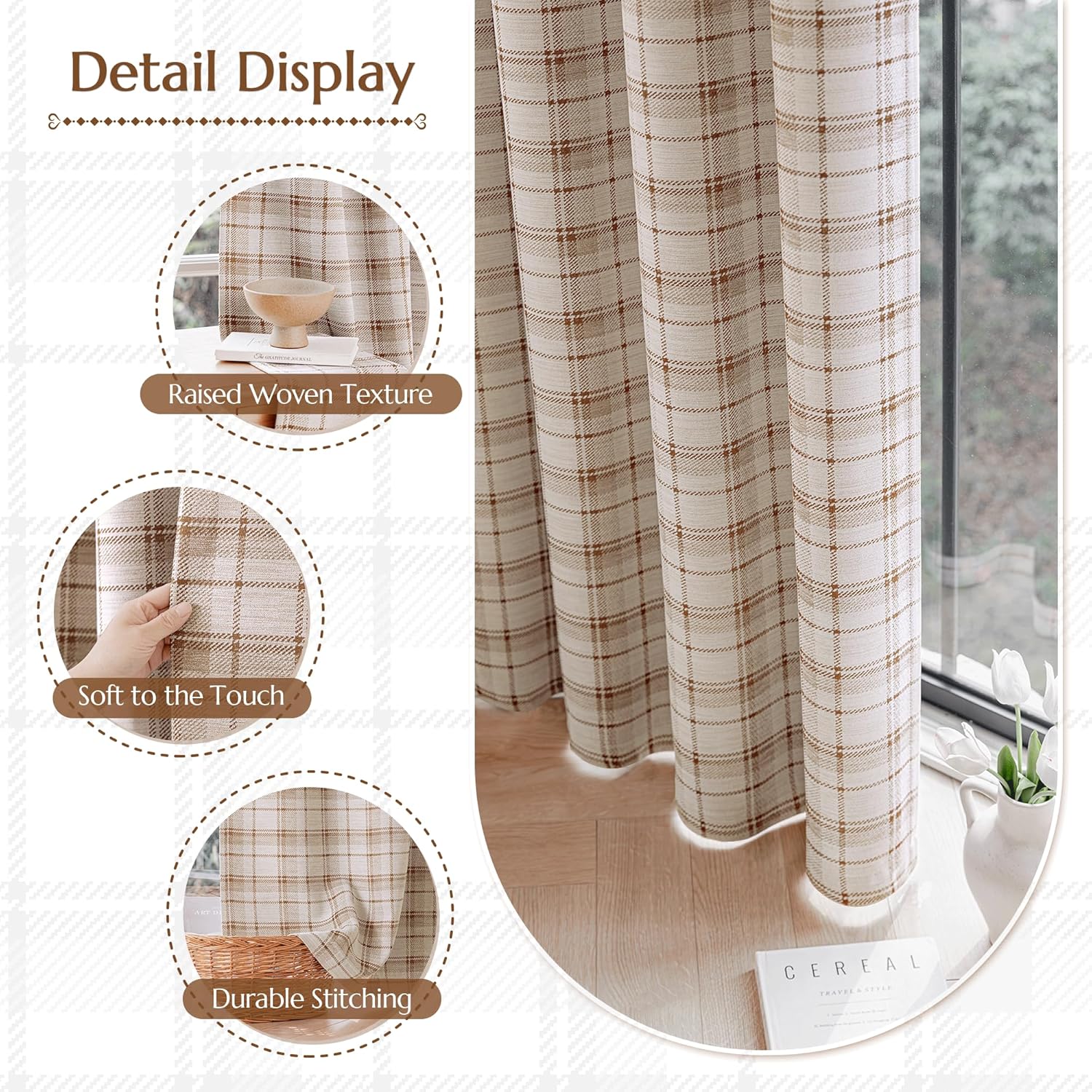 Brown Plaid Jacquard Blackout Curtains 96 Inches Long 2 Panels for Bedroom Living Room Buffalo Check Gingham Room Darkening Thermal Insulated Soundproof Grommet Window Drapes, 52x96 2 Set