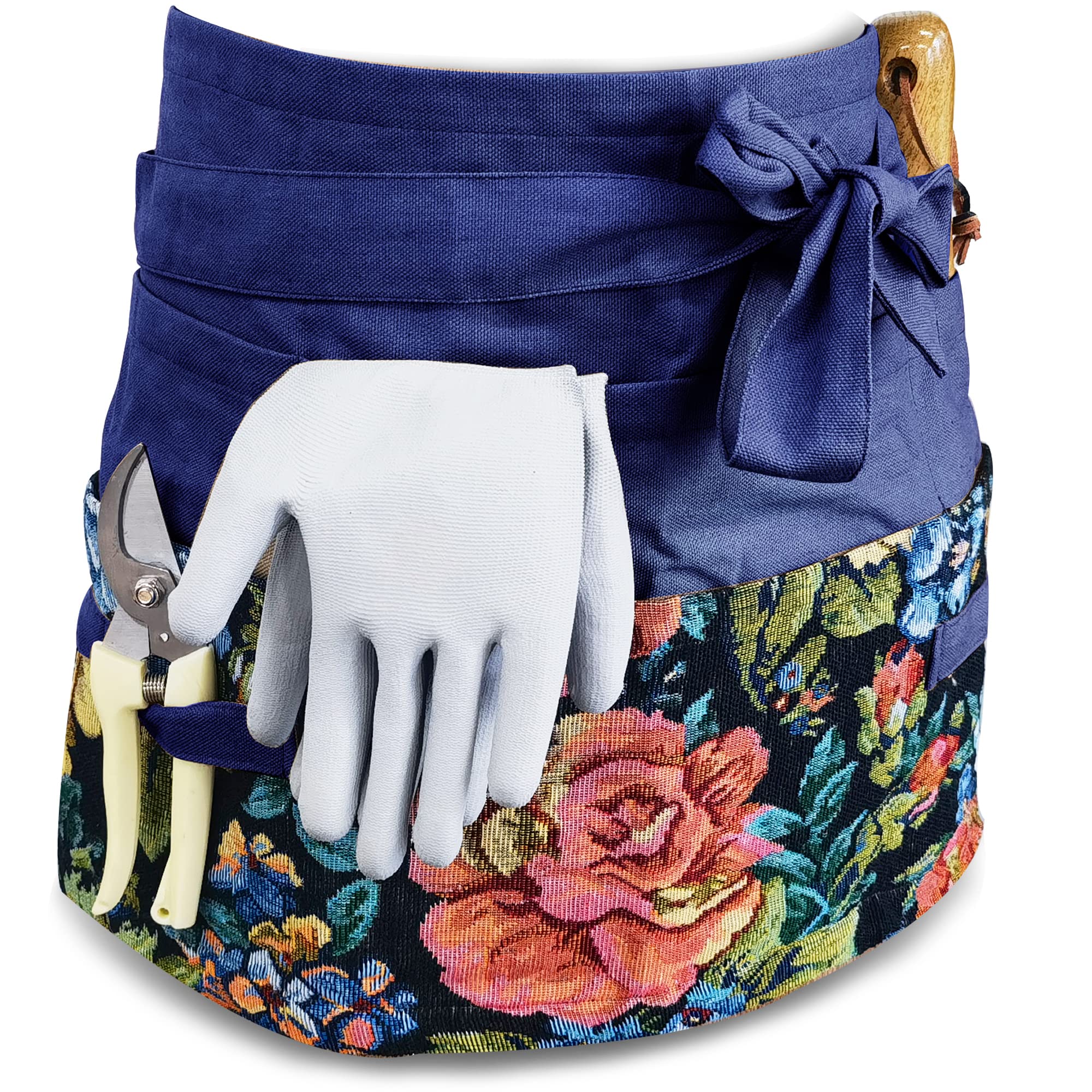 Garden Apron for Woman, Gardening Florist Apron, Half Apron with 8 Pockets and 6 Fabric Hangers for Tools or Gloves, Dark Blue