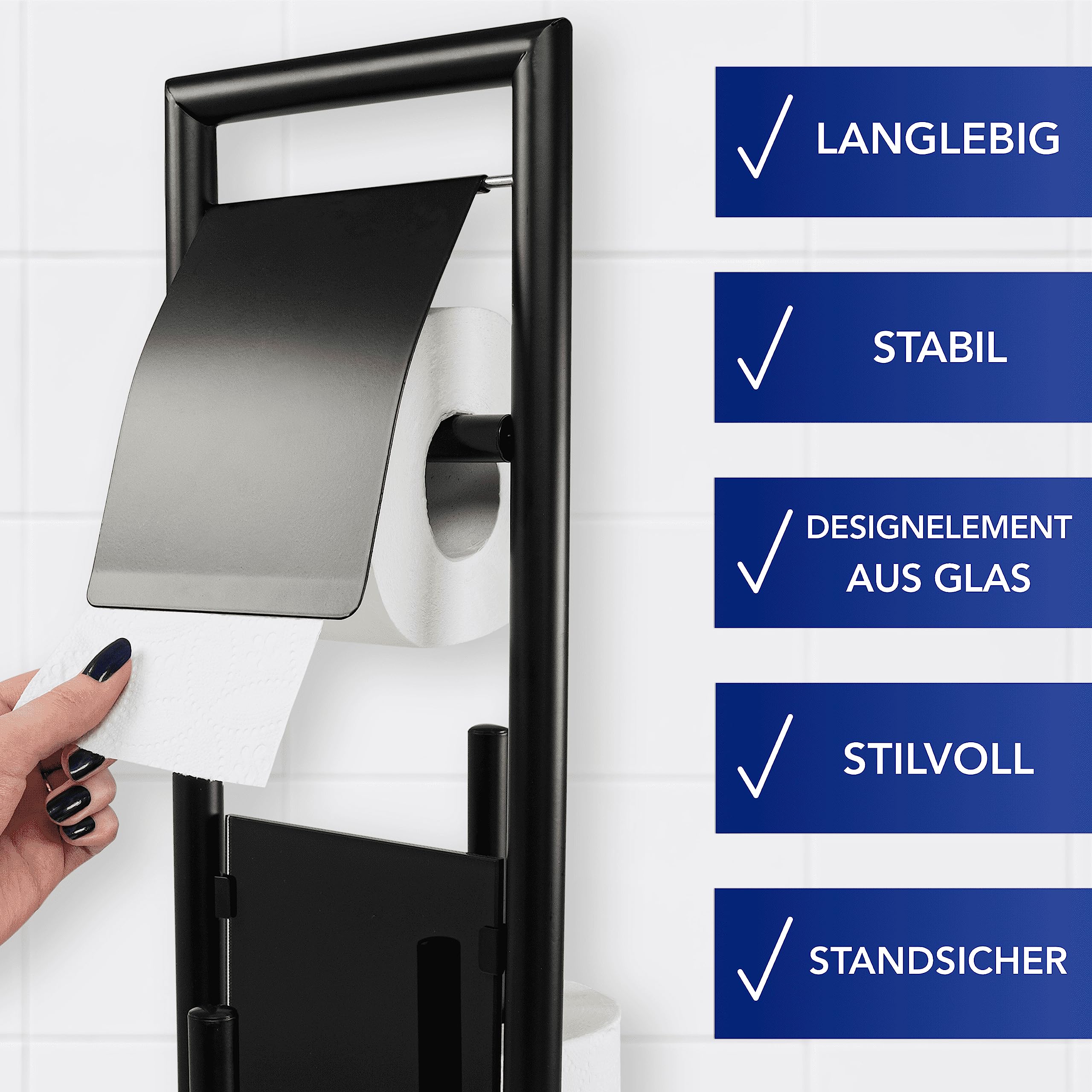 WENKO Stand WC-Garnitur Mod. Ravina 3-in-1 mit Toilettenpapierhalter und Bürstenhalter aus rostfreiem Edelstahl mit schwarzem Design Ø 20 x 70 cm schwarz
