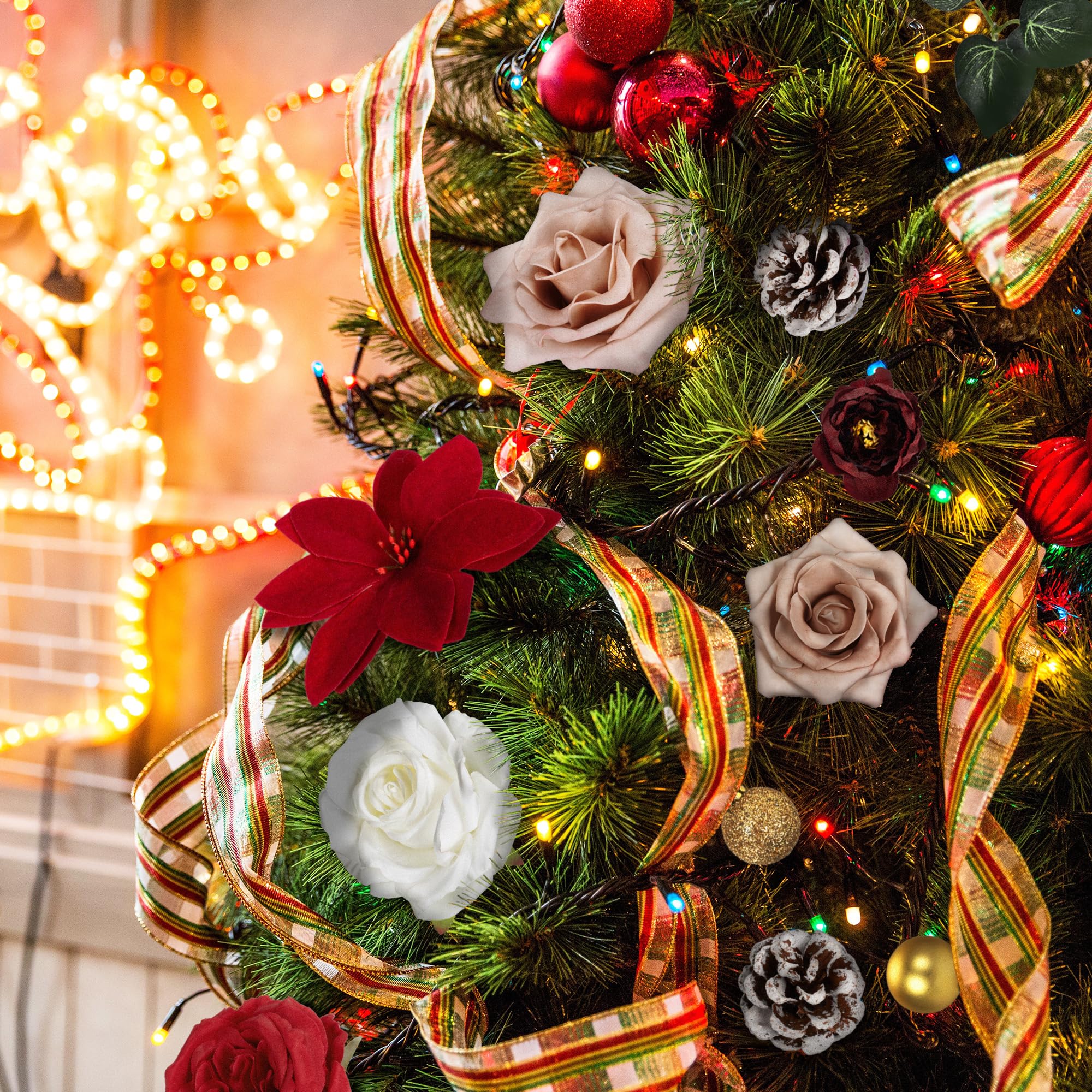 Künstliche Blumen Combo für Weihnachtsbaumschmuck, 25 Stück künstliche Blumenmischung mit t Stiel für Weihnachten, Heimdekoration, Weihnachtskranz, DIY
