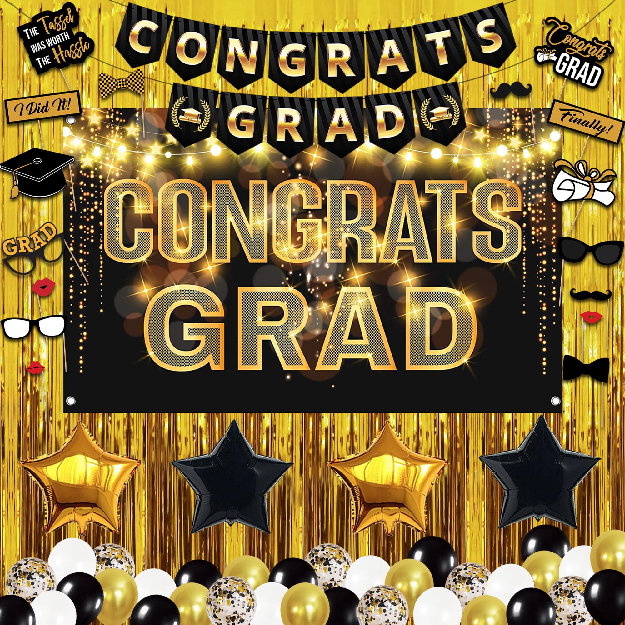 KatchOn, Black and Gold Graduation Decorations Class of 2025 - Huge, Pack of 61 | Congrats Grad Banner, Gold Foil Fringe Curtain | Gold 2025
