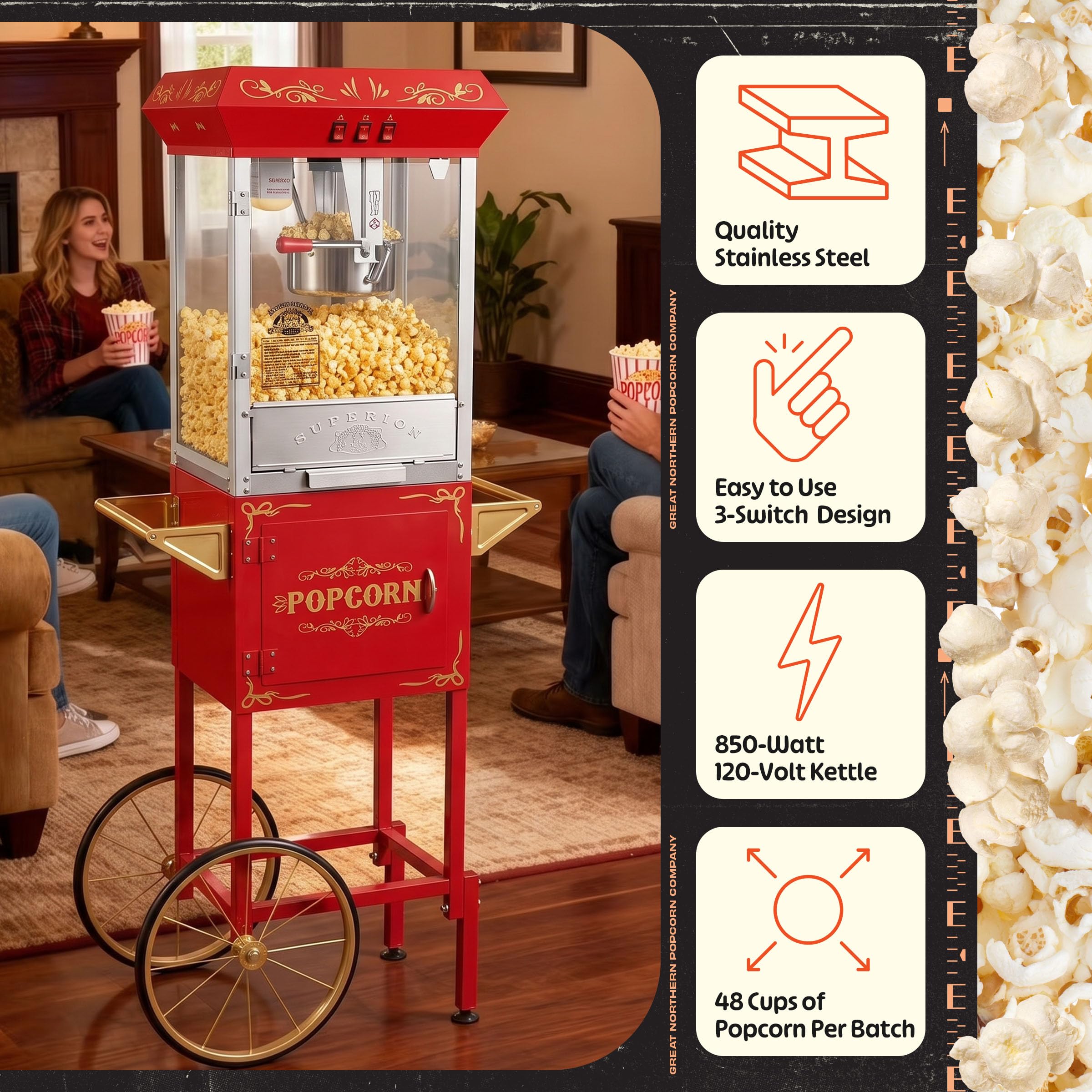 Máquina de palomitas de maíz con carro, hace aproximadamente 3 galones por lote, por Superior Popcorn Company (8 onzas, rojo)