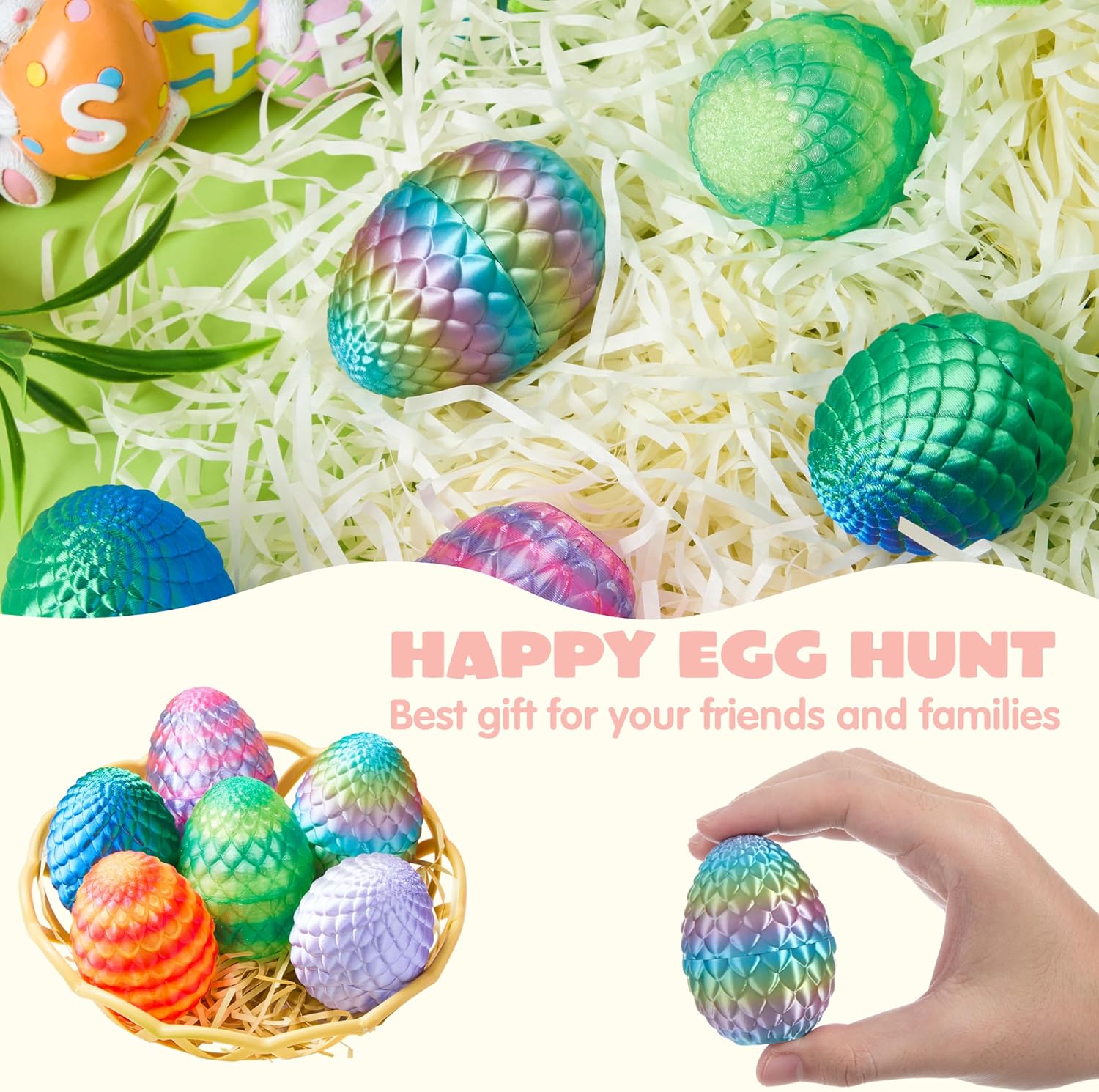 JOYIN 12 PCS Easter 3D Empty Eggs, 2.36" 3D Printed Dragon Empty Eggs Fillable Eggshells for Easter Egg Hunt, Basket Fillers, Treats, Party Favor Supplies, Classroom Prizes