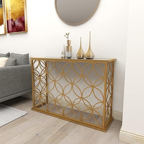 Miniatura 2 de Deco 79 Mesa consola geométrica de metal con parte superior de cristal espejo, 47 x 15 x 32 pulgadas, color dorado