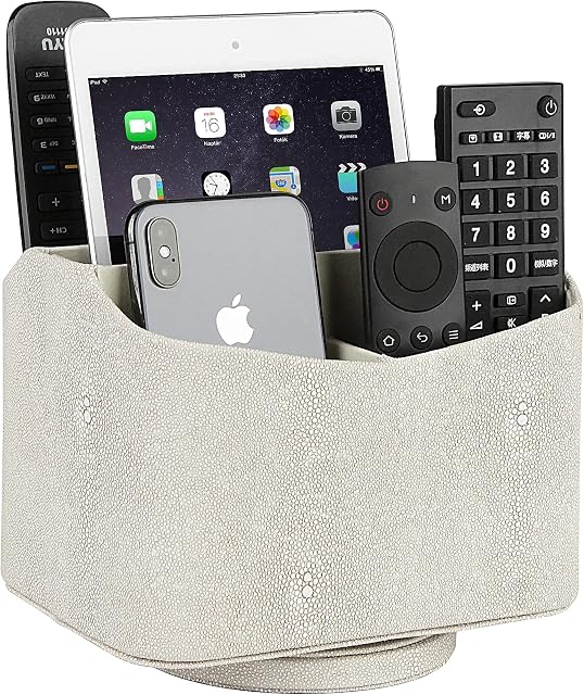 HofferRuffer Remote Caddy PU Leather Media Storage Organizer, 360°Rotation Remote Controller Holder for Office Organization, Desk, Bedside Table (Shagreen Beige)