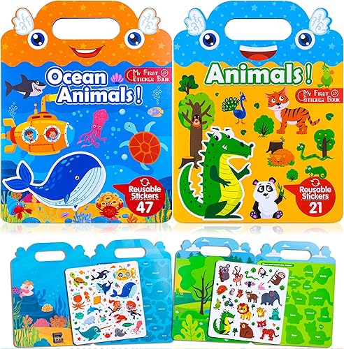 Miniatura 1 de Paquete de 2 libros de calcomanías reutilizables para niños, libros de actividades temáticas con calcomanías grandes de gelatina para niños y niñas