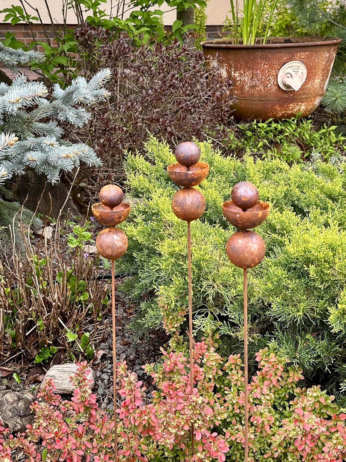 Rusty Flower Buds Set of 3, Garden Stakes, Metal Yard Art, Outdoor Garden Decor, Rustic Metal Sculpture Rusty Rain Catchers Unique Gift