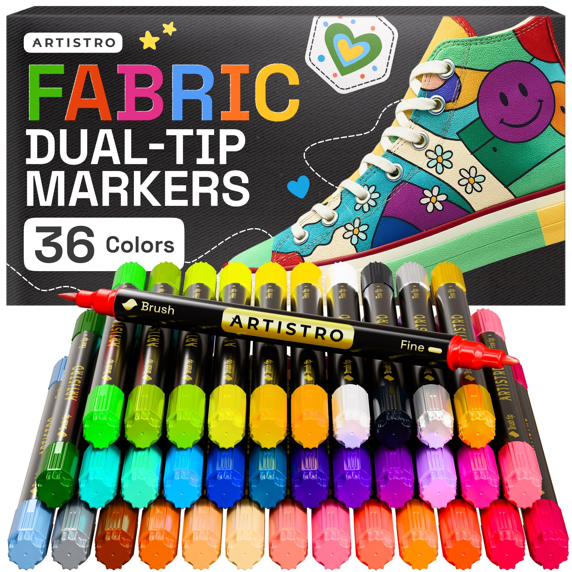 ARTISTRO 36 Dual-Tip Fabric Markers - Fabric Decorating Kit - Permanent for Clothes - No Bleed Pens for T-Shirts, Bags, Textile, Canvas, and More (Brush Tip and Fine Tip)