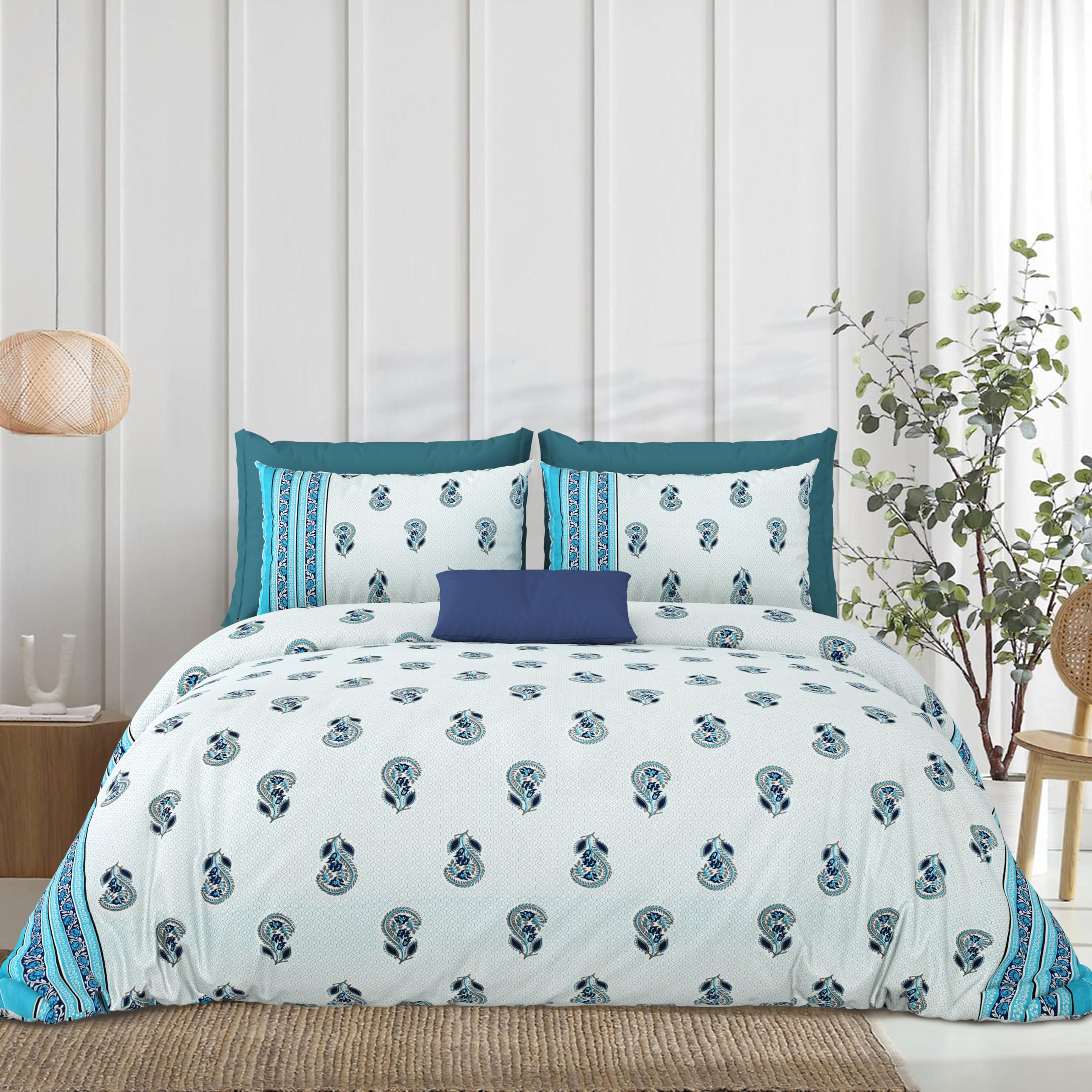 - Premium Cotton Double Bed Comforter Set with Pillow Covers | Geometric Printed Bedsheet for Home Bedroom Décor | Soft & Breathable Fabric | King Size Bedding Set (108x108 inches) (Blue)