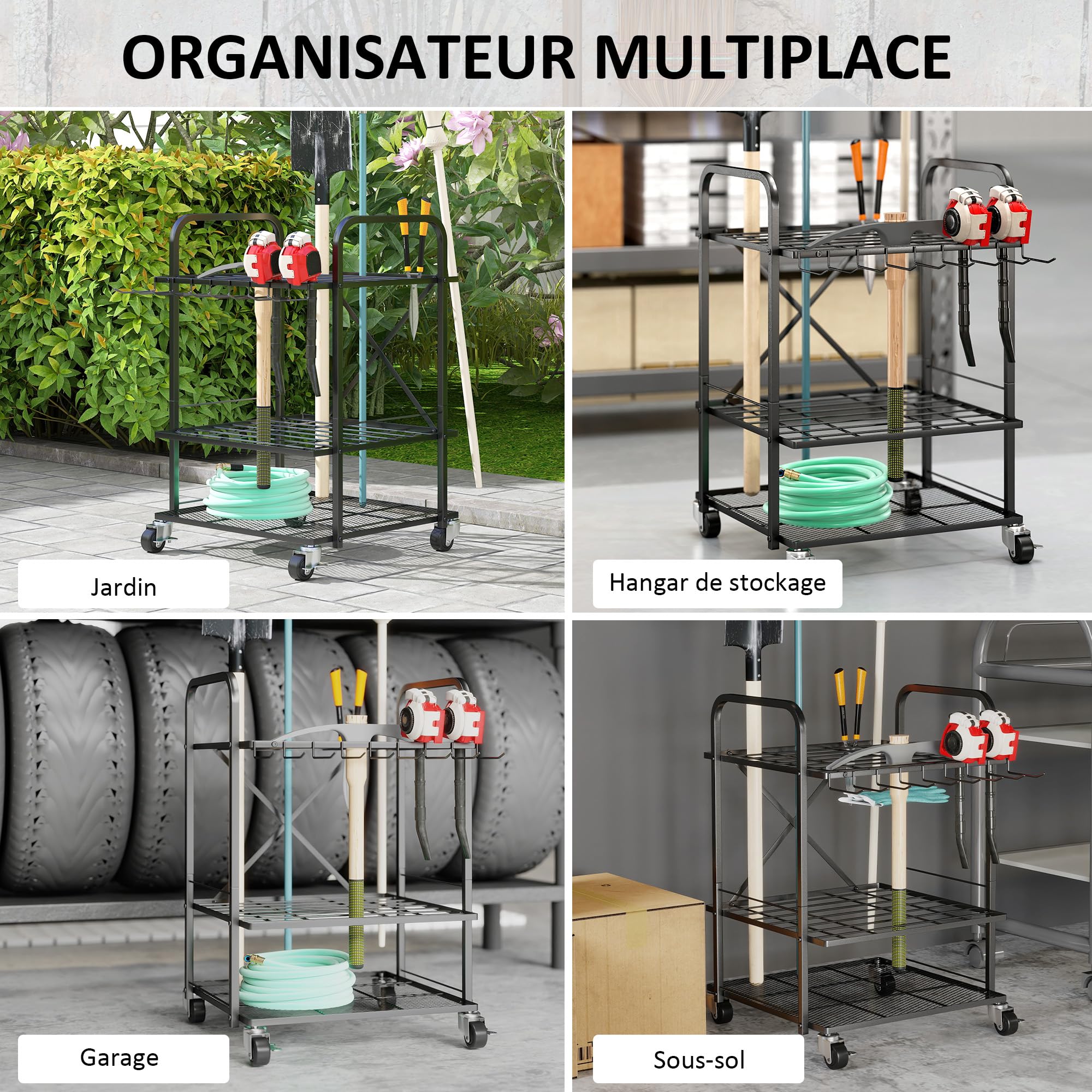 Outsunny Organisateur d'outils de Jardin avec 9 Crochets, Support à Outils de Jardin 40 Compartiments, Porte-Outils de Garage en métal sur roulettes pour sécateurs, pelles, râteaux, Noir