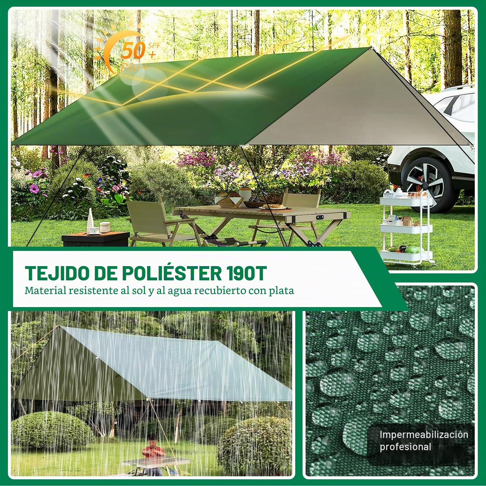 Toldo de Refugio Camping 3x3M, Toldo Camping Impermeable,Tienda de Campaña Tarp con 6 Cuerdas,6 Clavos de Tierra,2 Bolsa de Guarda,Lona Protectora Anti-UV para Vivac, Picnic, Playa, Hamaca