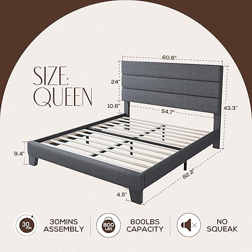 Miniatura 2 de WEEWAY Base de cama Queen con cabecera tapizada de tela de lino y soporte de listones de madera, base de colchón resistente, no necesita somier,