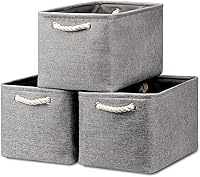 Vista 58 de HNZIGE Cestas de almacenamiento de tela (paquete de 3) – Cestas decorativas plegables con asas de cuero para organizar la ropa
