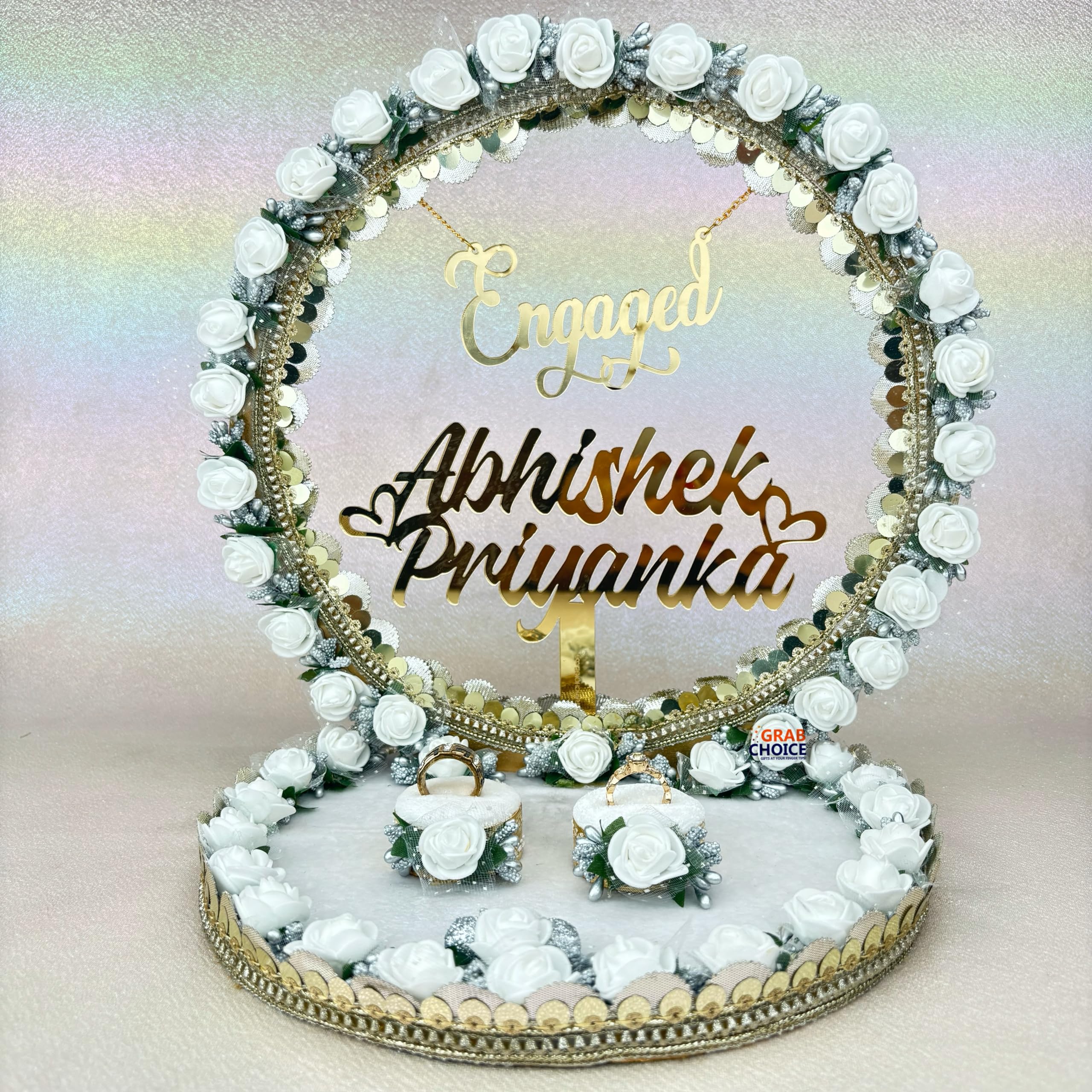 GRABCHOICE Personalized Engagement Ring Platter Tray with Name | Engagement Thali | Sagai Thali | Sakharpuda | Customised Engagement tray White