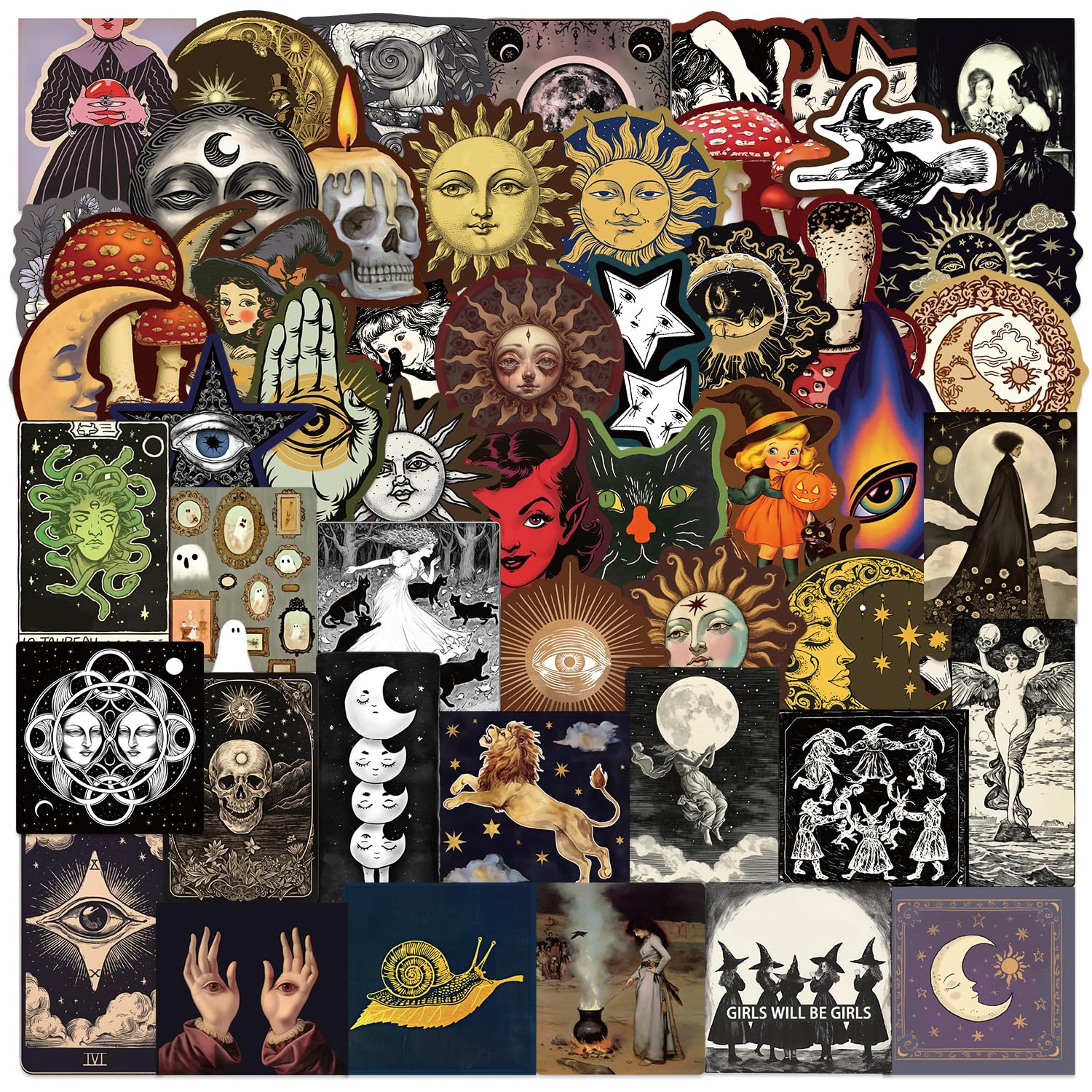 JENMLO 50PCS Witchy Occult StickersThe Sun and Moon Planet Stickers Astronomy Celestial Decals Occult Party Favors & Decorations, Waterproof Vinyl