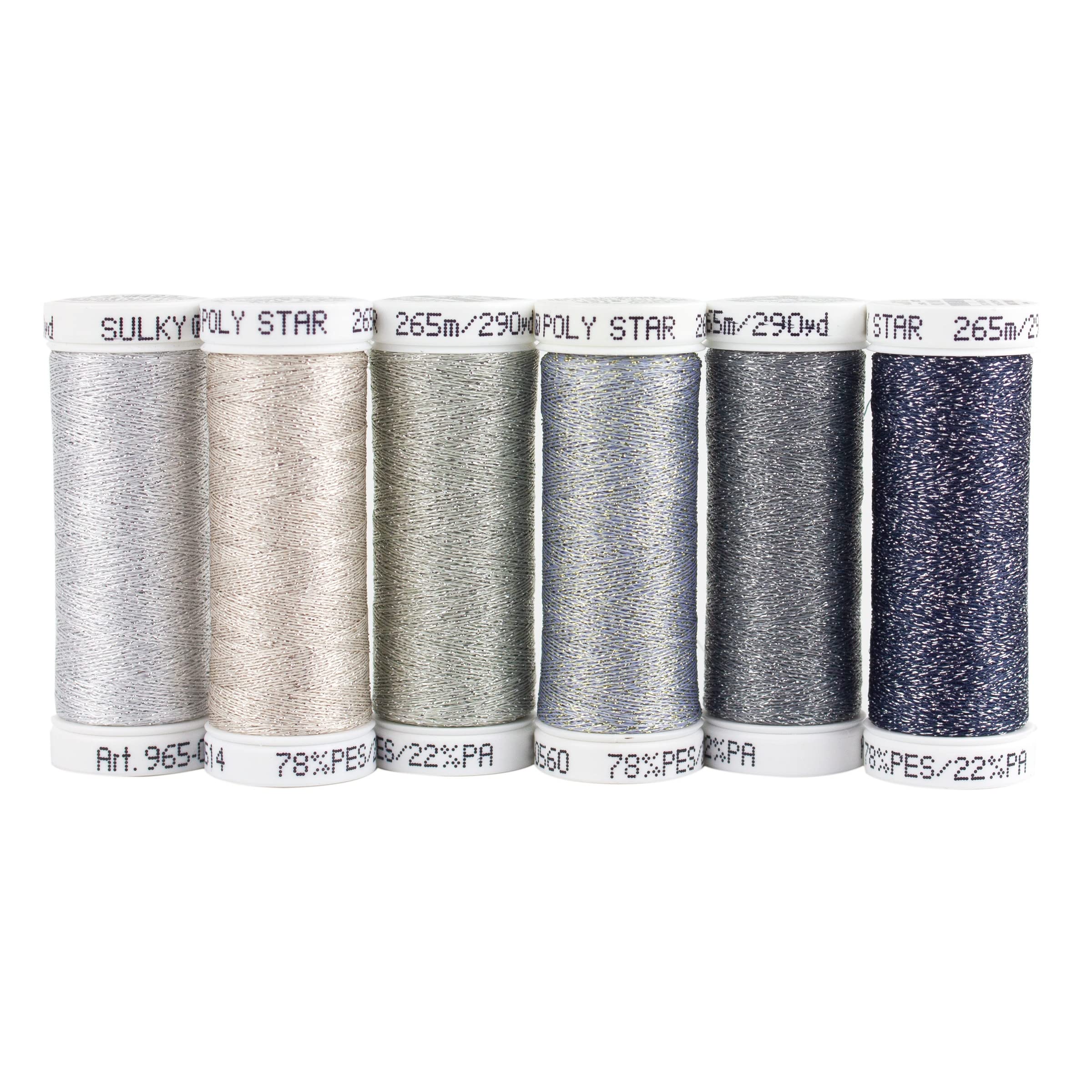Sulky 30wt Poly Sparkle Thread 6/Pkg-Silver Sampler Assortment
