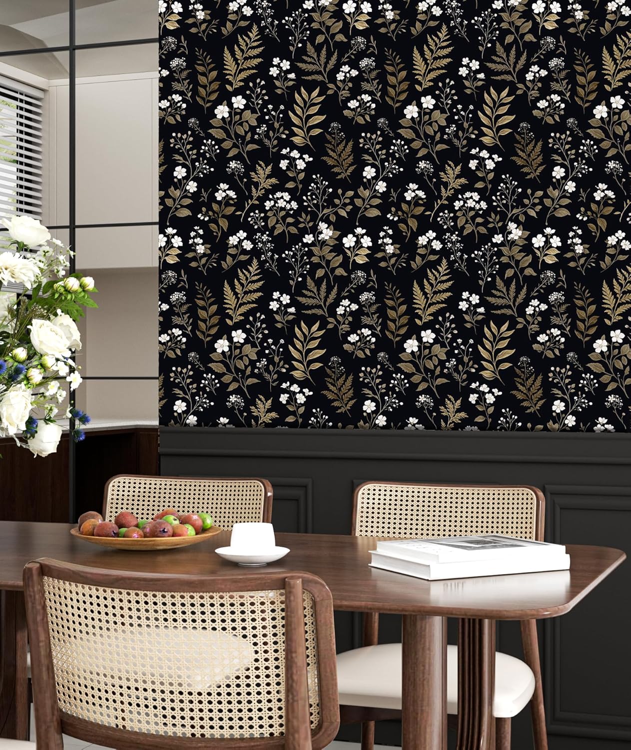 Glod Leaf Peel and Stick Wallpaper Boho Dark Floral Wall Paper 17.5” x 394” Removable Waterproof Self Adhesive Modern Contact Paper for Bathroom Bedroom Kitchen Cabinet Drawer