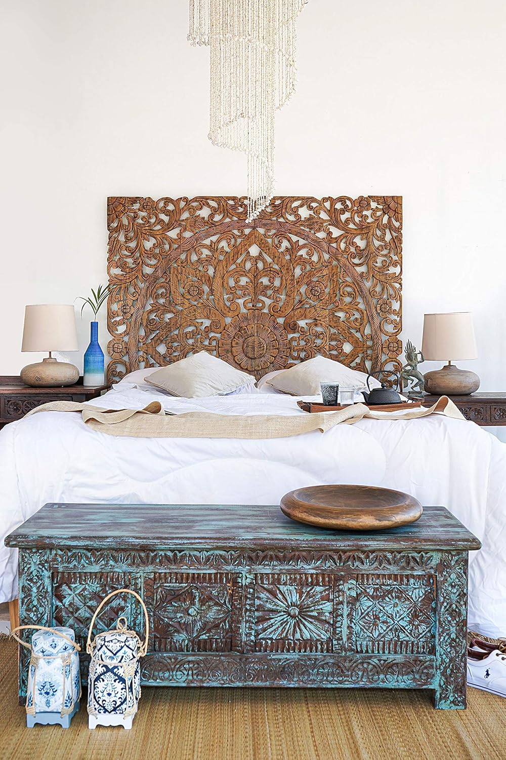 Balinese Hand Carved King Size Bed Headboard Reclaimed Wooden Panels Artwork Handmade Painted in Chiang Mai Thailand 72 Inches
