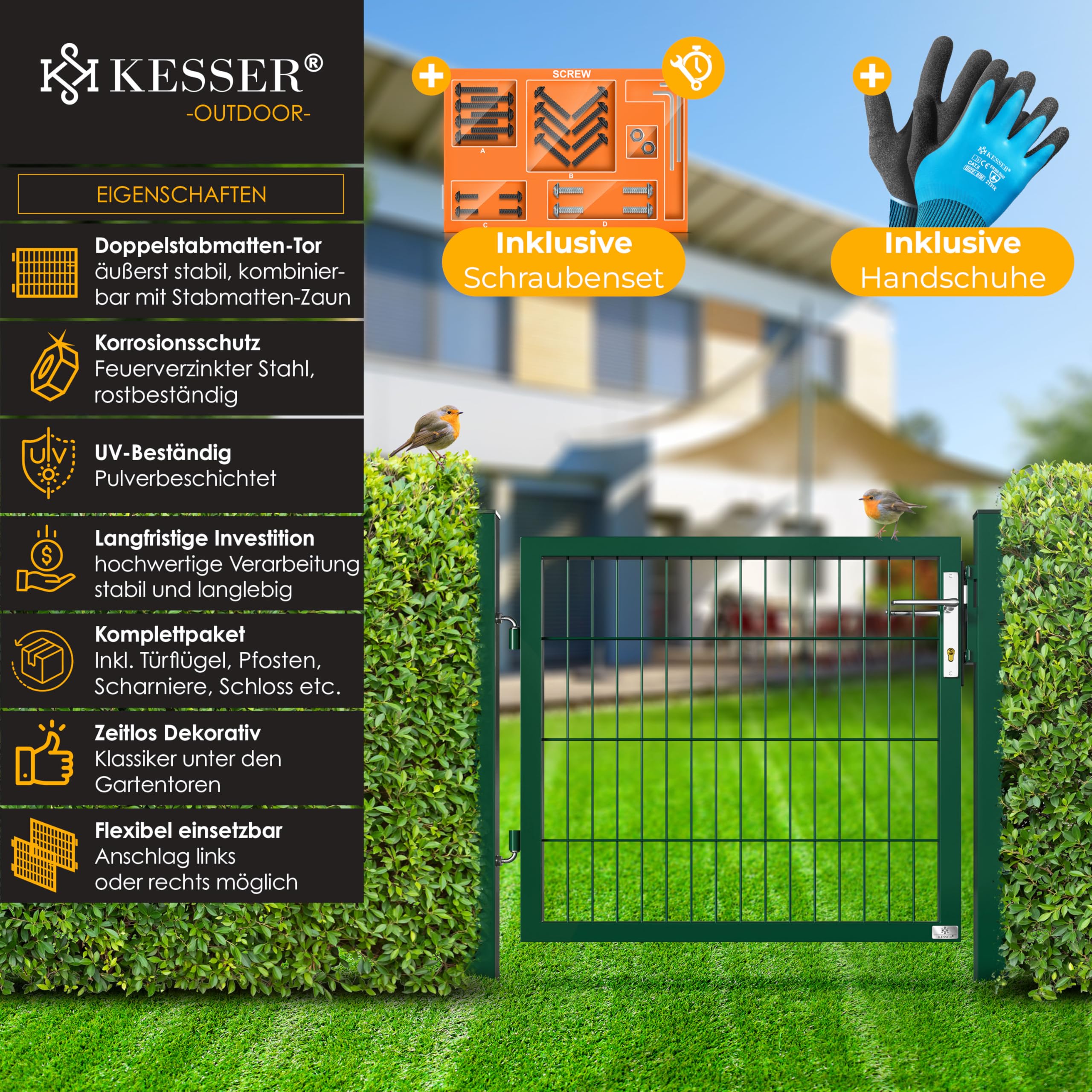 KESSER® Puerta de jardín de acero galvanizado de alta calidad, para jardín, con estaca con cerradura y llave, 80 x 106 cm, color verde