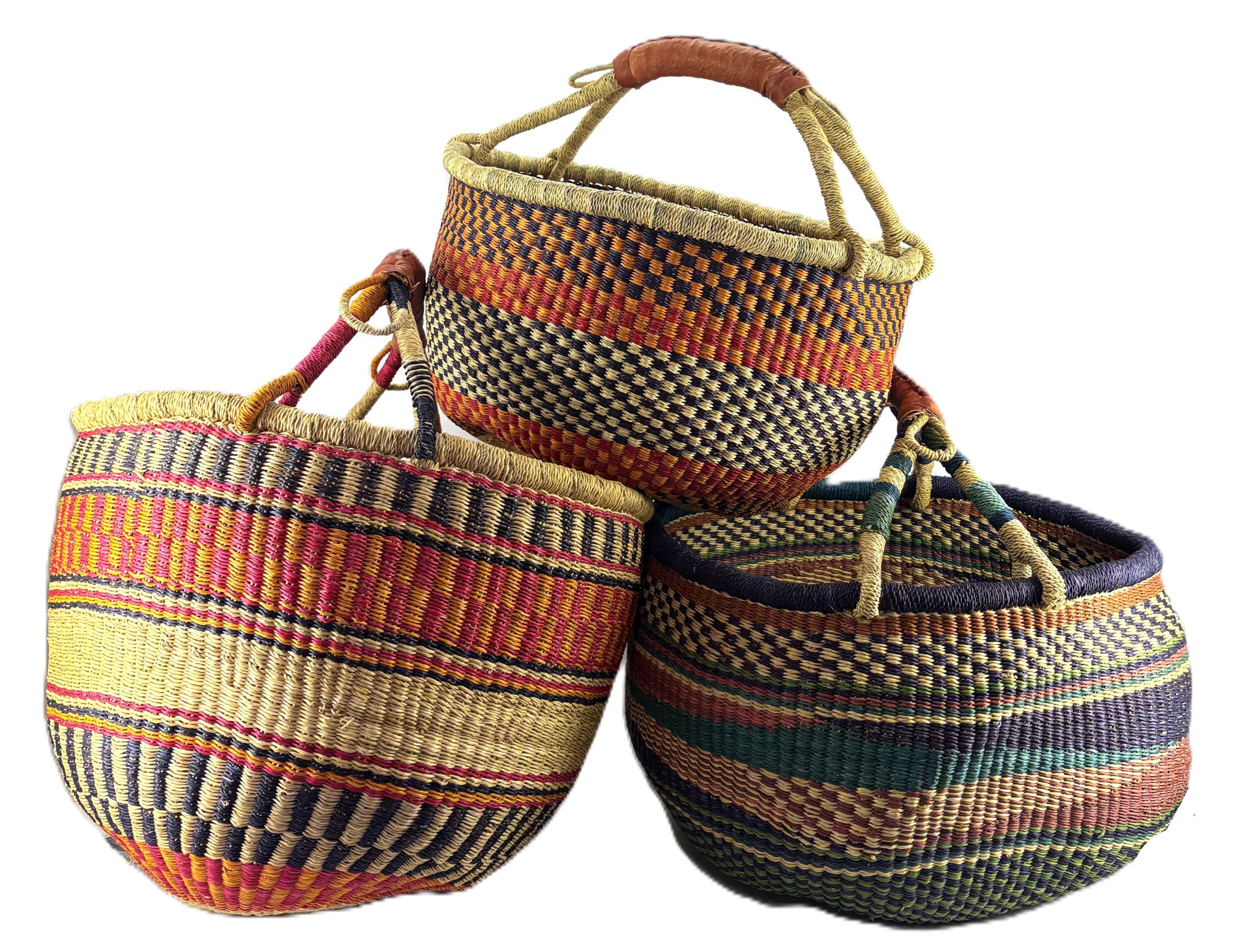 Grand panier rond Bolga original du Ghana en Afrique avec poignée en cuir issu du commerce équitable - Environ 35-40 cm